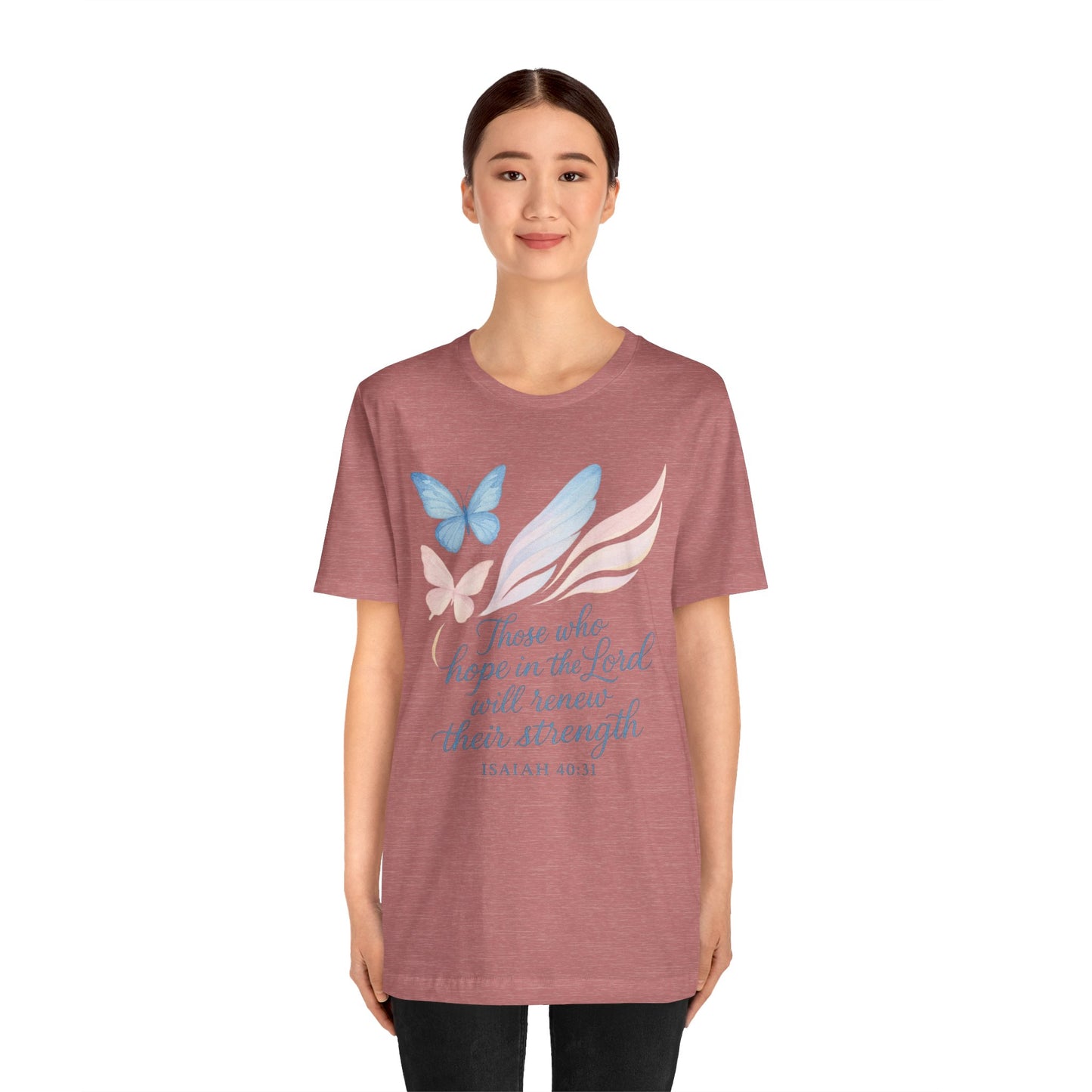 Inspirational Scripture T-Shirt – "Those Who Hope in the Lord" Isaiah 40:31, Pastel Butterflies