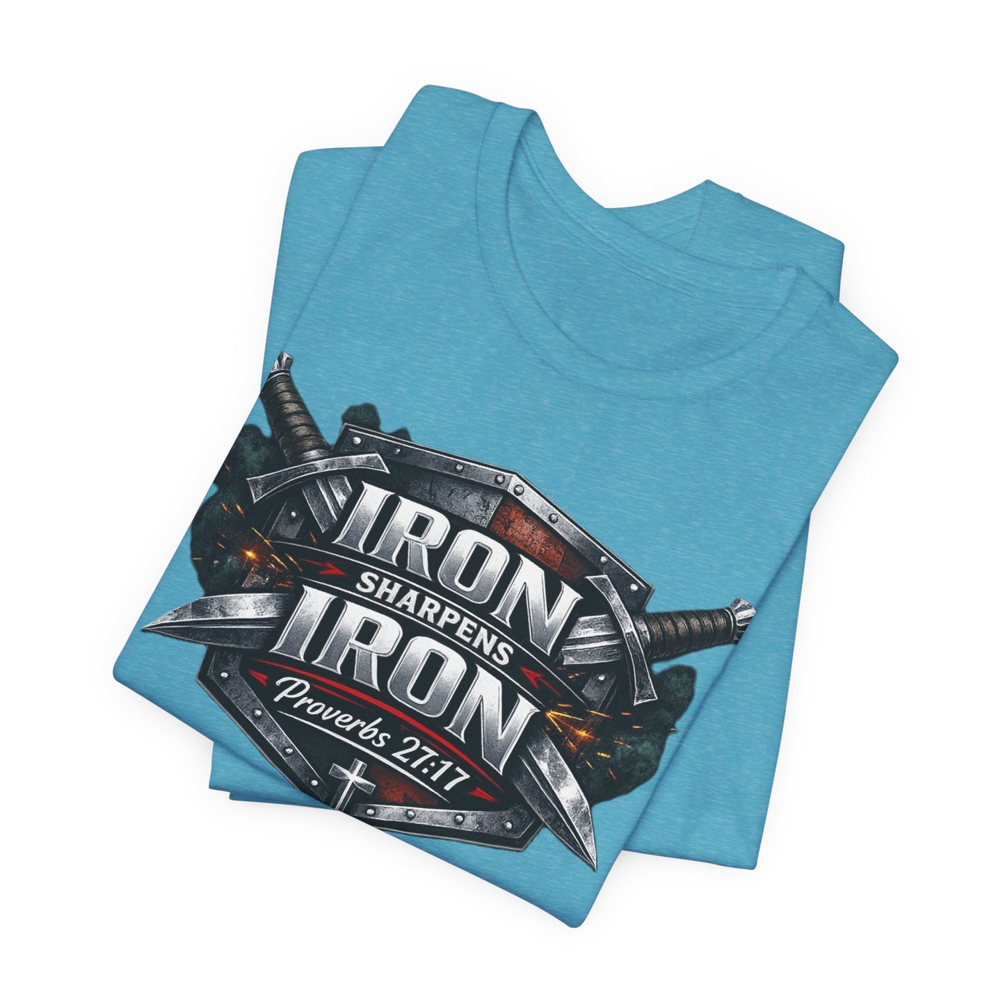 Iron Sharpens Iron T-Shirt — Faith-Based Proverbs 27:17 Graphic Tee