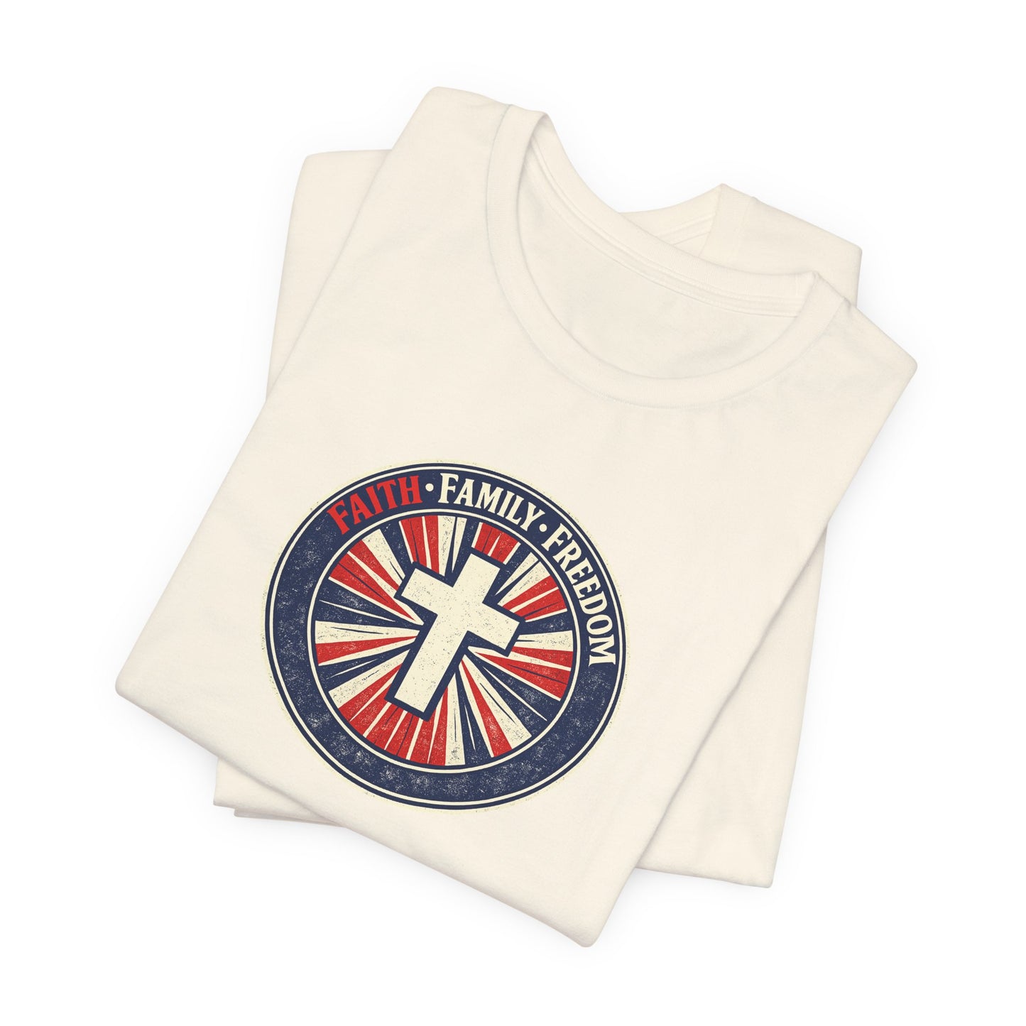 Faith Family Freedom T‑Shirt — Cross Emblem Patriotic Graphic Tee