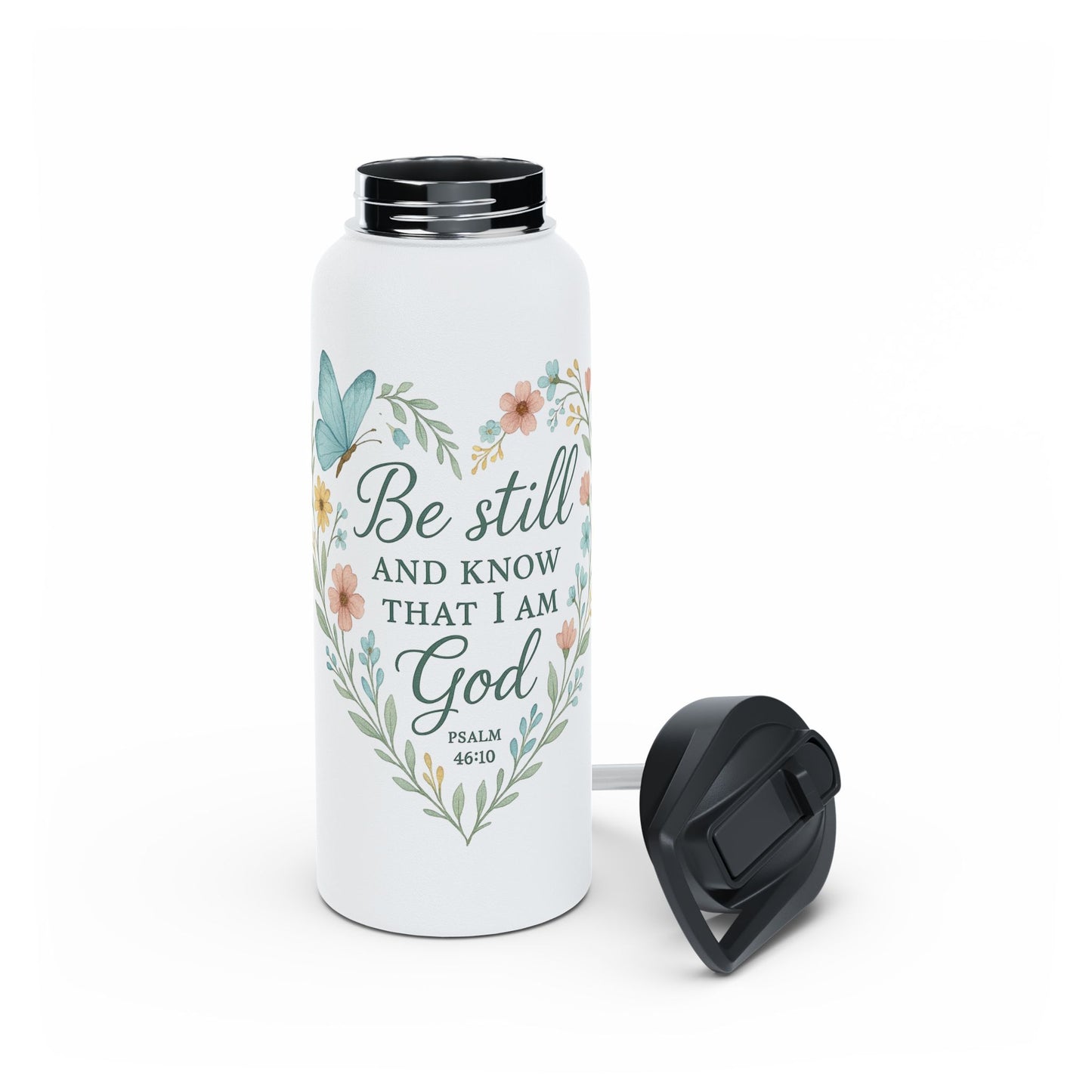 Christian Water Bottle — “Be Still and Know That I Am God” Floral Stainless Steel Bottle