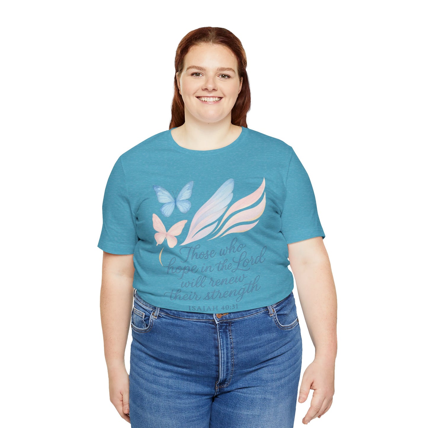 Inspirational Scripture T-Shirt – "Those Who Hope in the Lord" Isaiah 40:31, Pastel Butterflies