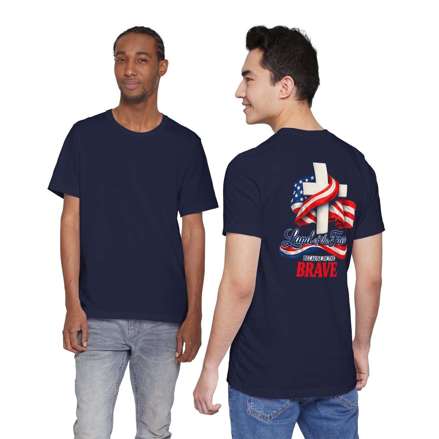 Land of the Free Because of the Brave Tee - Patriotic American Flag Cross T-Shirt
