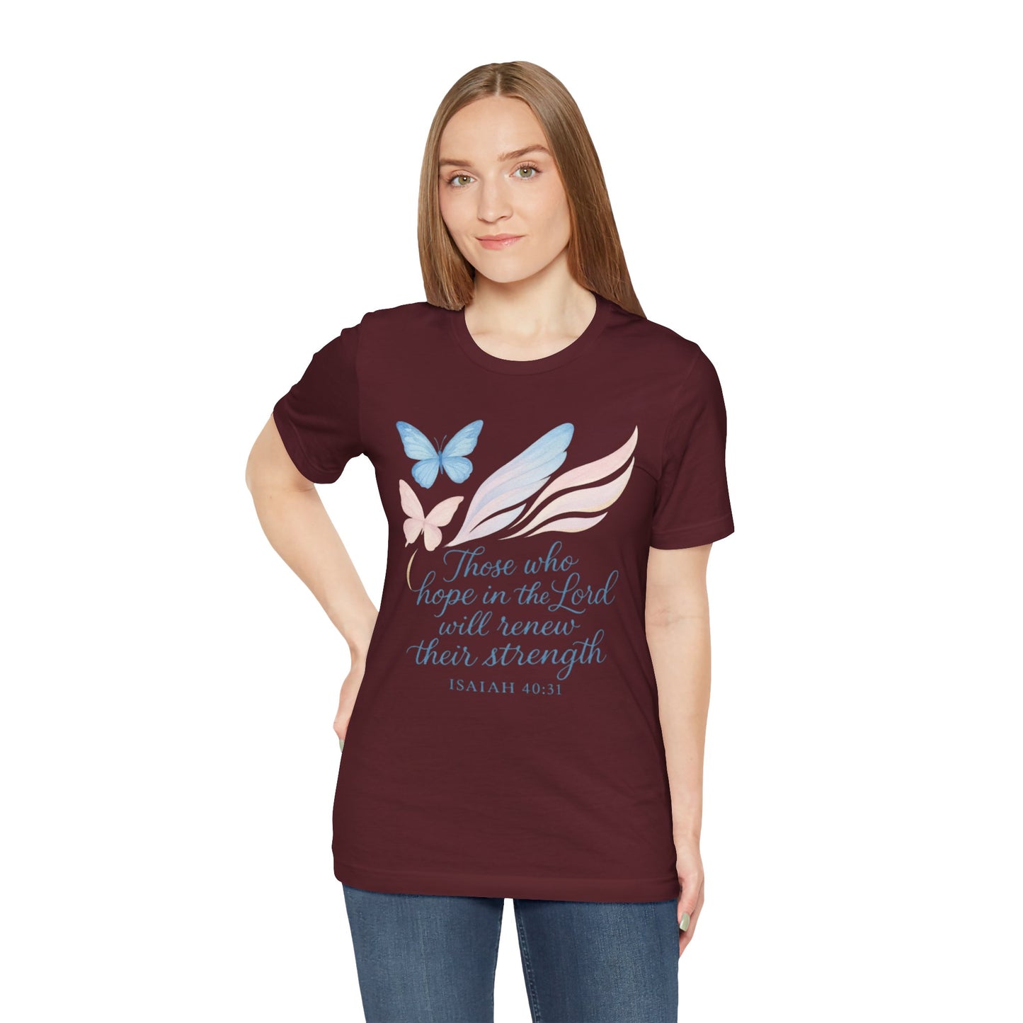 Inspirational Scripture T-Shirt – "Those Who Hope in the Lord" Isaiah 40:31, Pastel Butterflies