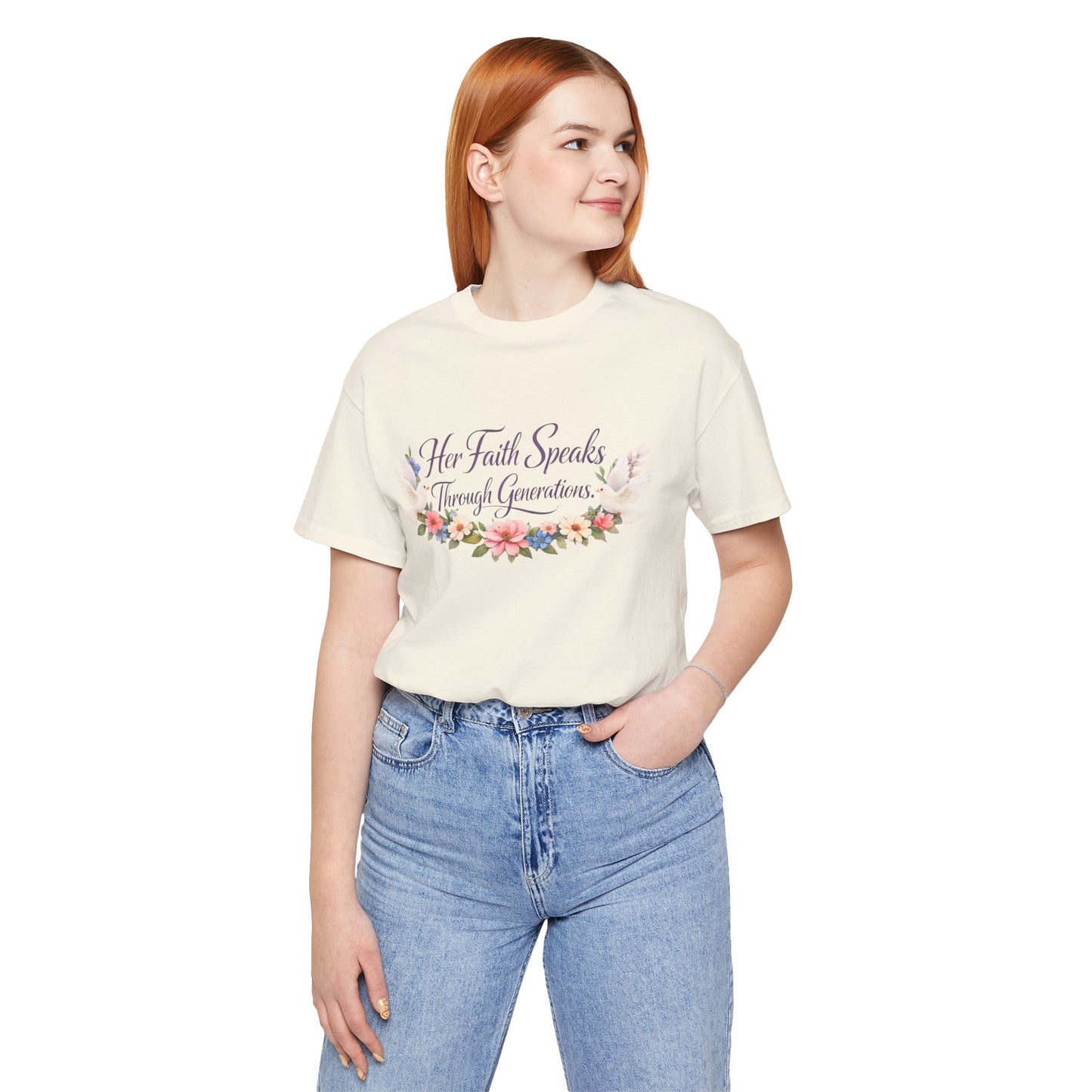Her Faith Speaks Through Generations T-Shirt — Floral Inspirational Christian Tee