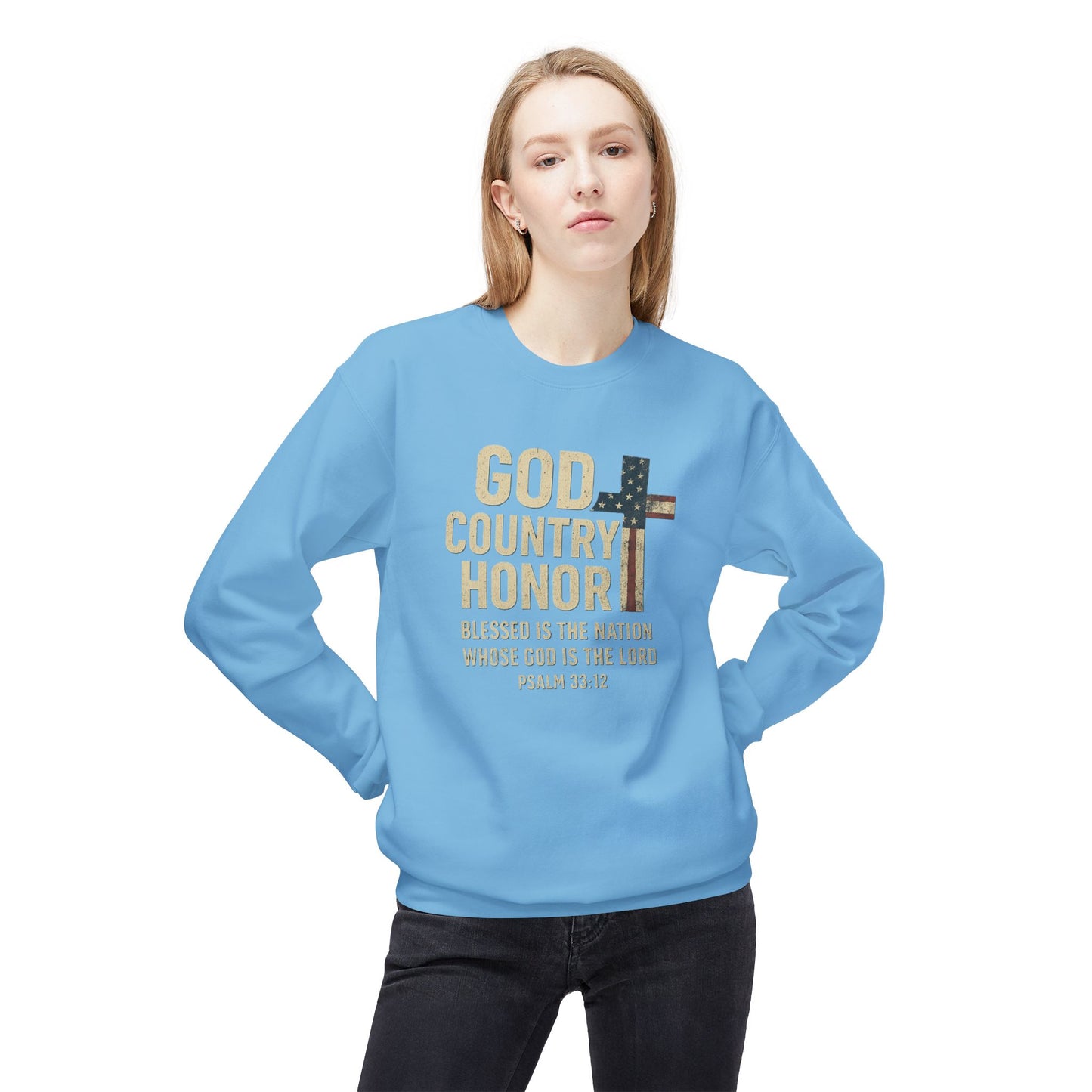God, Country, Honor with American Flag Shaped Cross Sweatshirt -