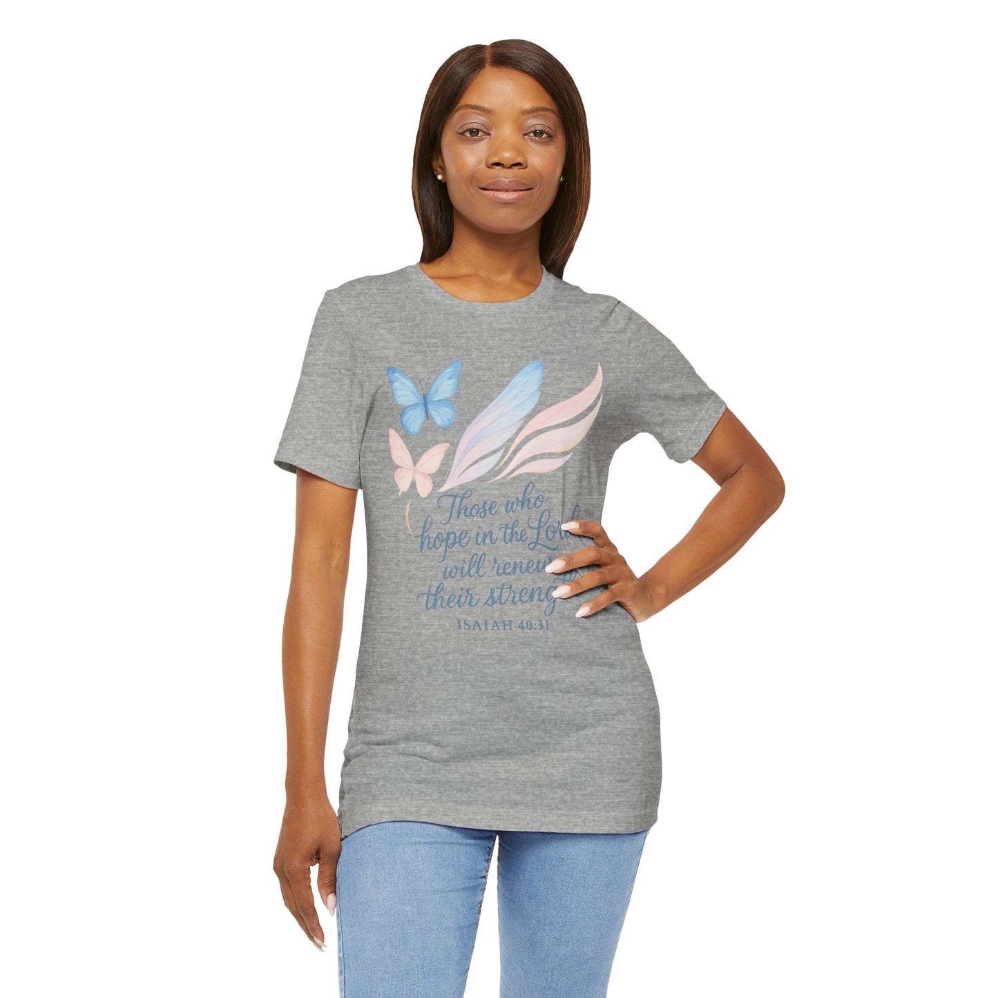 Inspirational Scripture T-Shirt – "Those Who Hope in the Lord" Isaiah 40:31, Pastel Butterflies