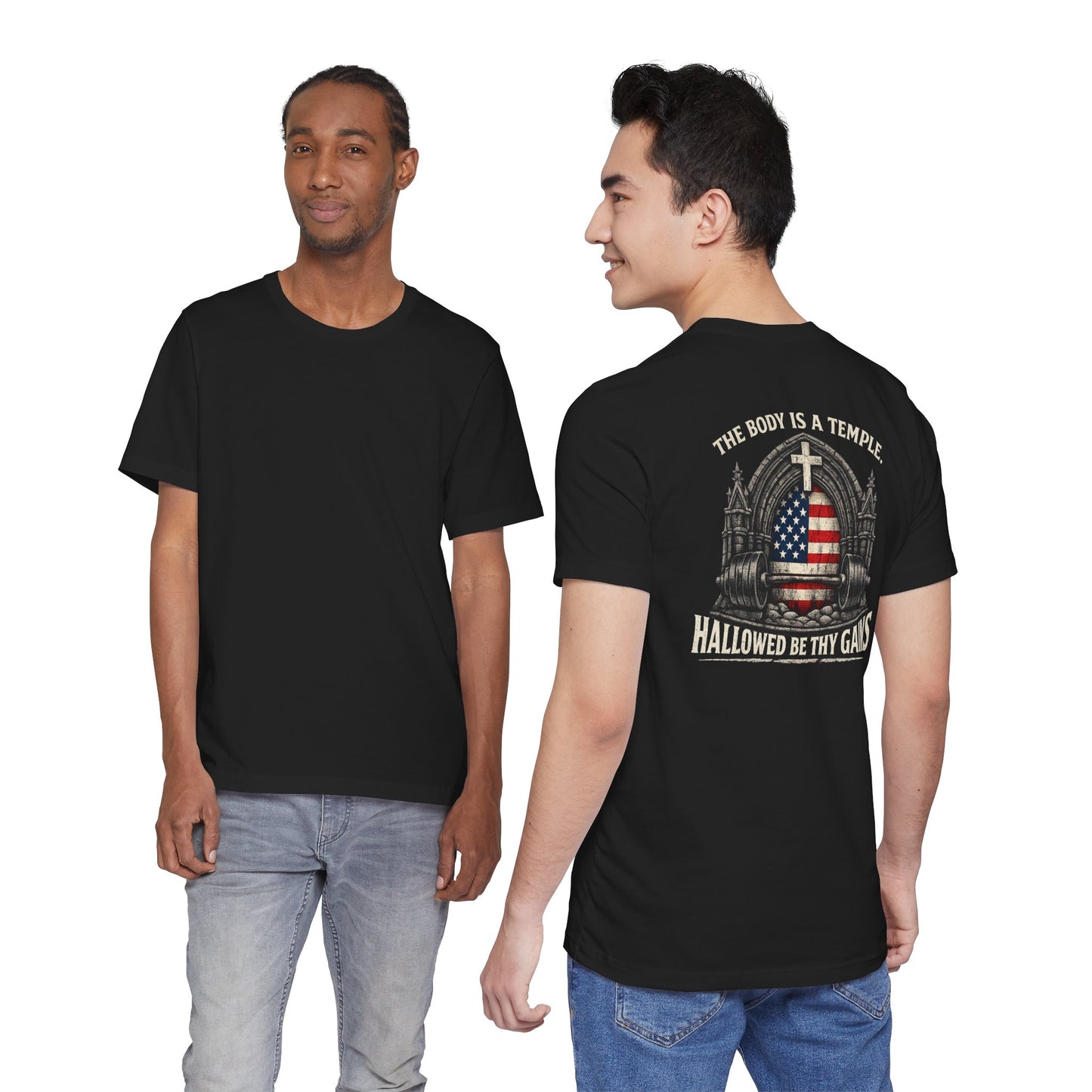 Patriotic Gym Tee — “The Body Is a Temple” American Flag Fitness T-Shirt