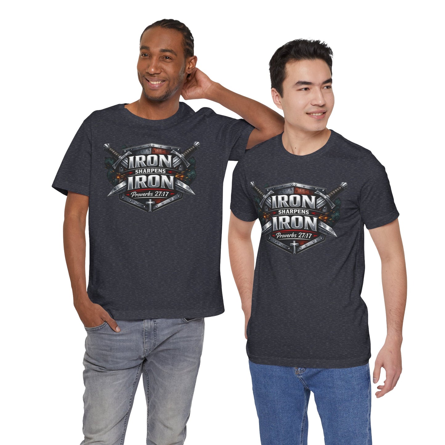 Iron Sharpens Iron T-Shirt — Faith-Based Proverbs 27:17 Graphic Tee