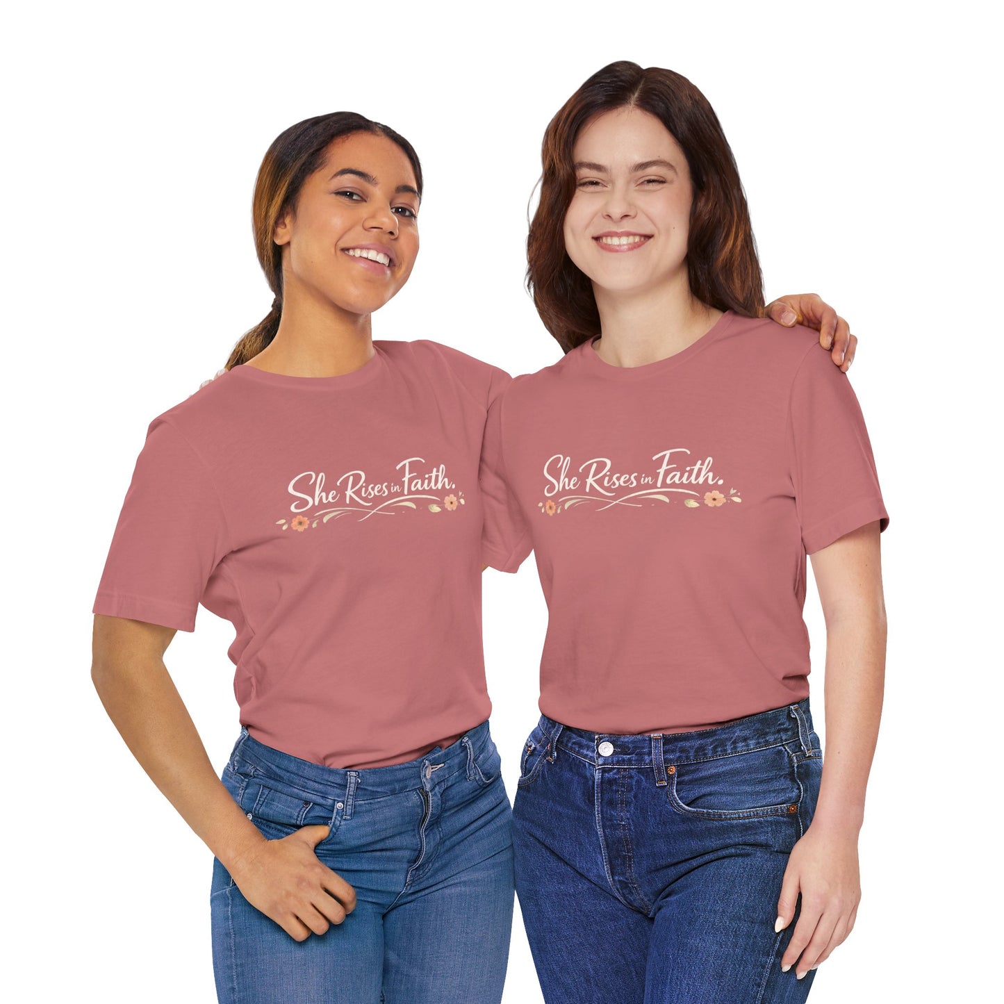 "She Rises In Faith" Chest Tee – Delicate Peach Blossom Graphic