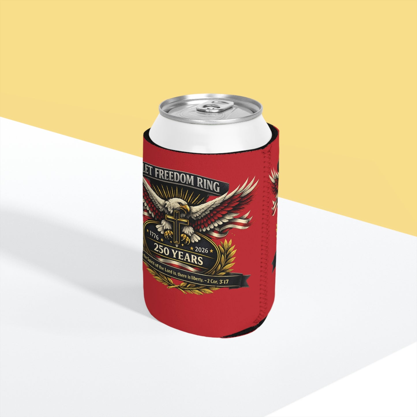 Let Freedom Ring 250 Years Can Cooler Sleeve - Patriotic Eagle & Cross Beer Koozie