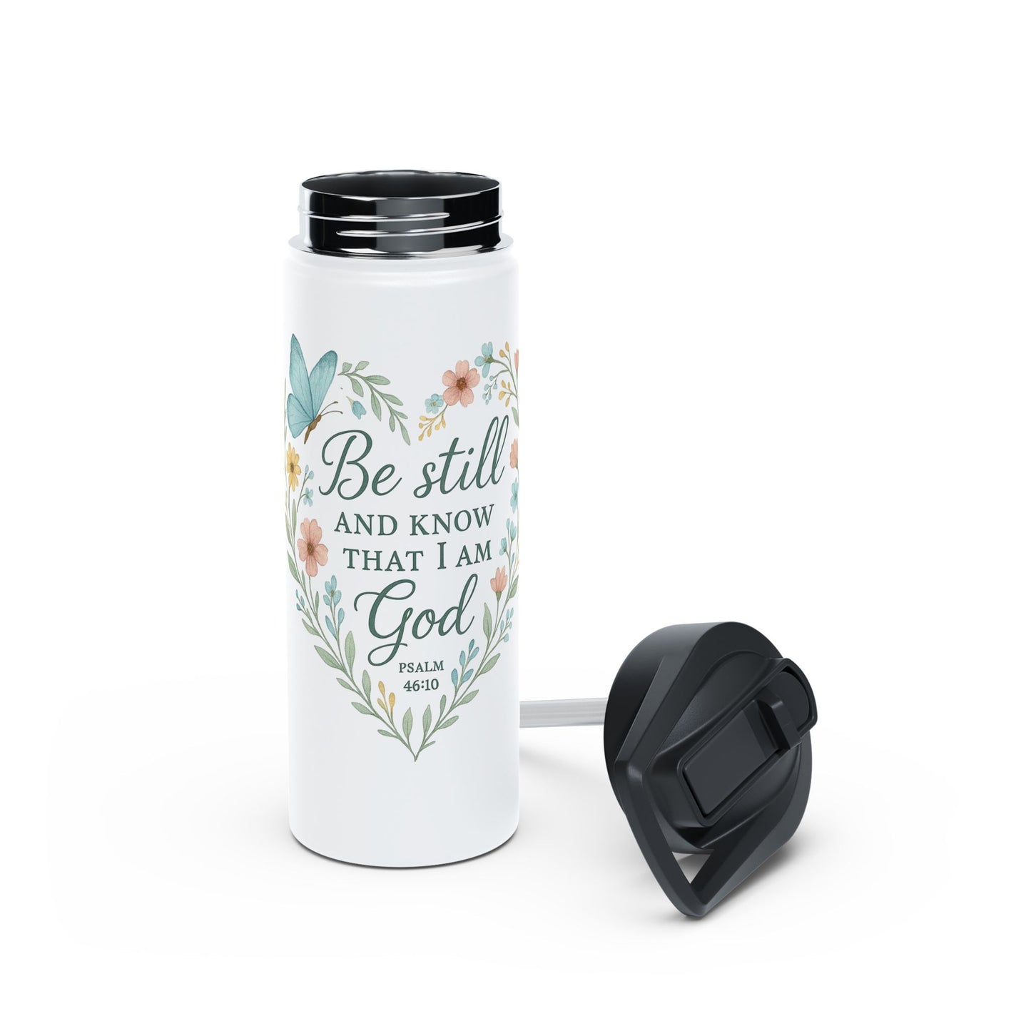 Christian Water Bottle — “Be Still and Know That I Am God” Floral Stainless Steel Bottle