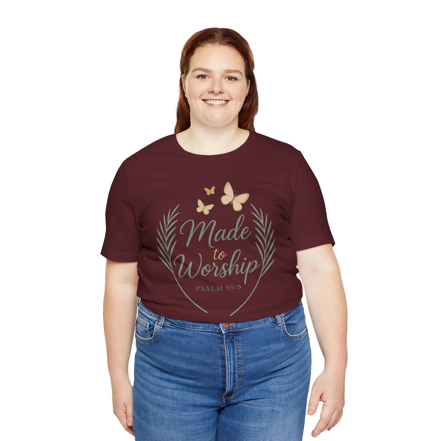 Made to Worship T-Shirt – Psalm 95:6 Christian Faith Tee with Butterflies
