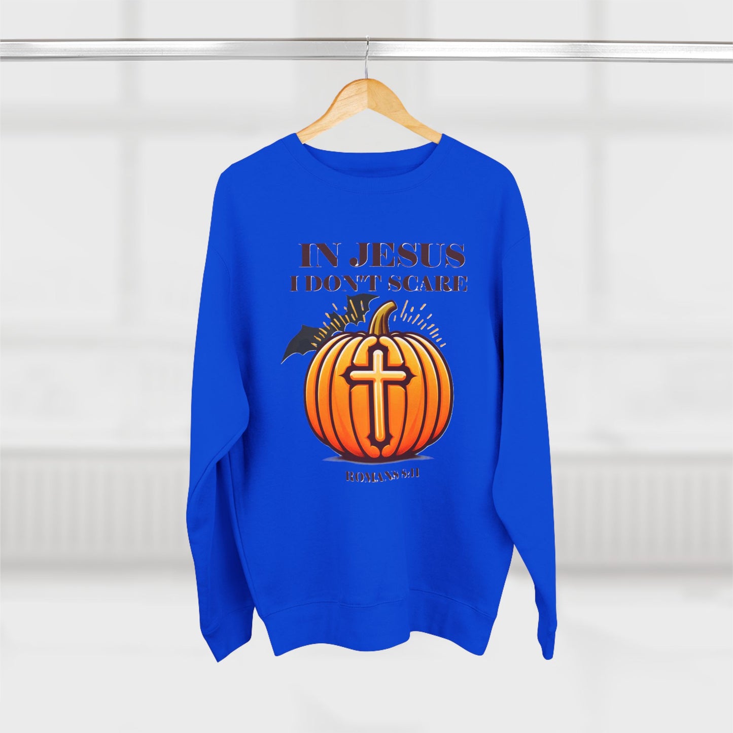 Christian Unisex Crewneck Sweatshirt with Bible Verse Romans 8:11 'IN JESUS I DON'T SCARE'