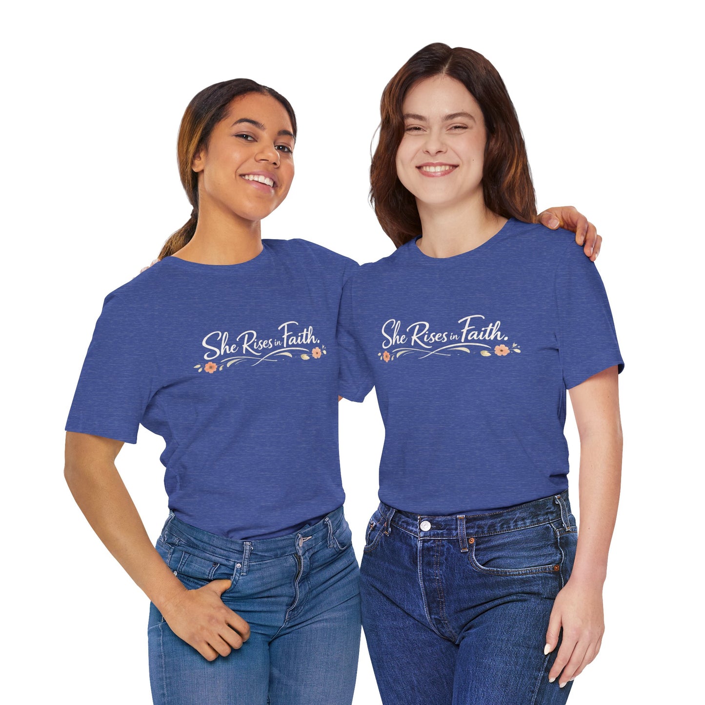 "She Rises In Faith" Chest Tee – Delicate Peach Blossom Graphic