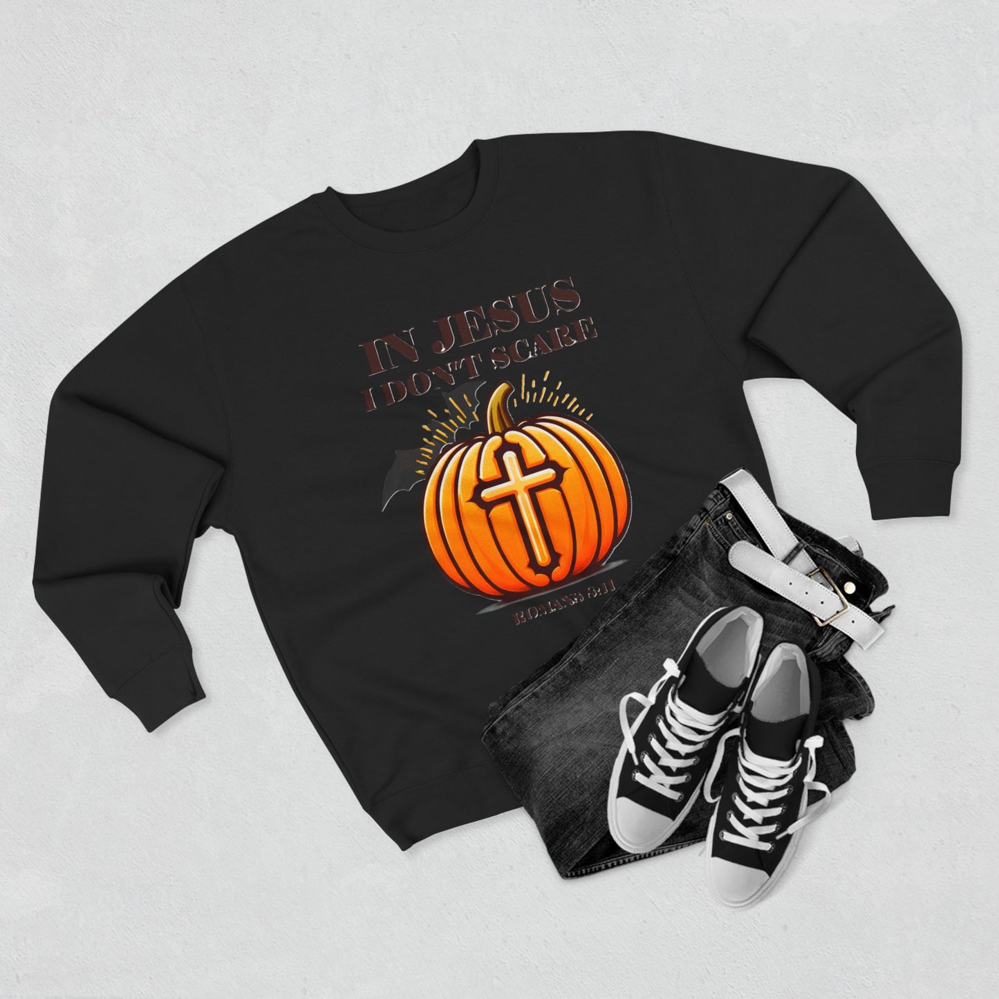 Christian Unisex Crewneck Sweatshirt with Bible Verse Romans 8:11 'IN JESUS I DON'T SCARE'