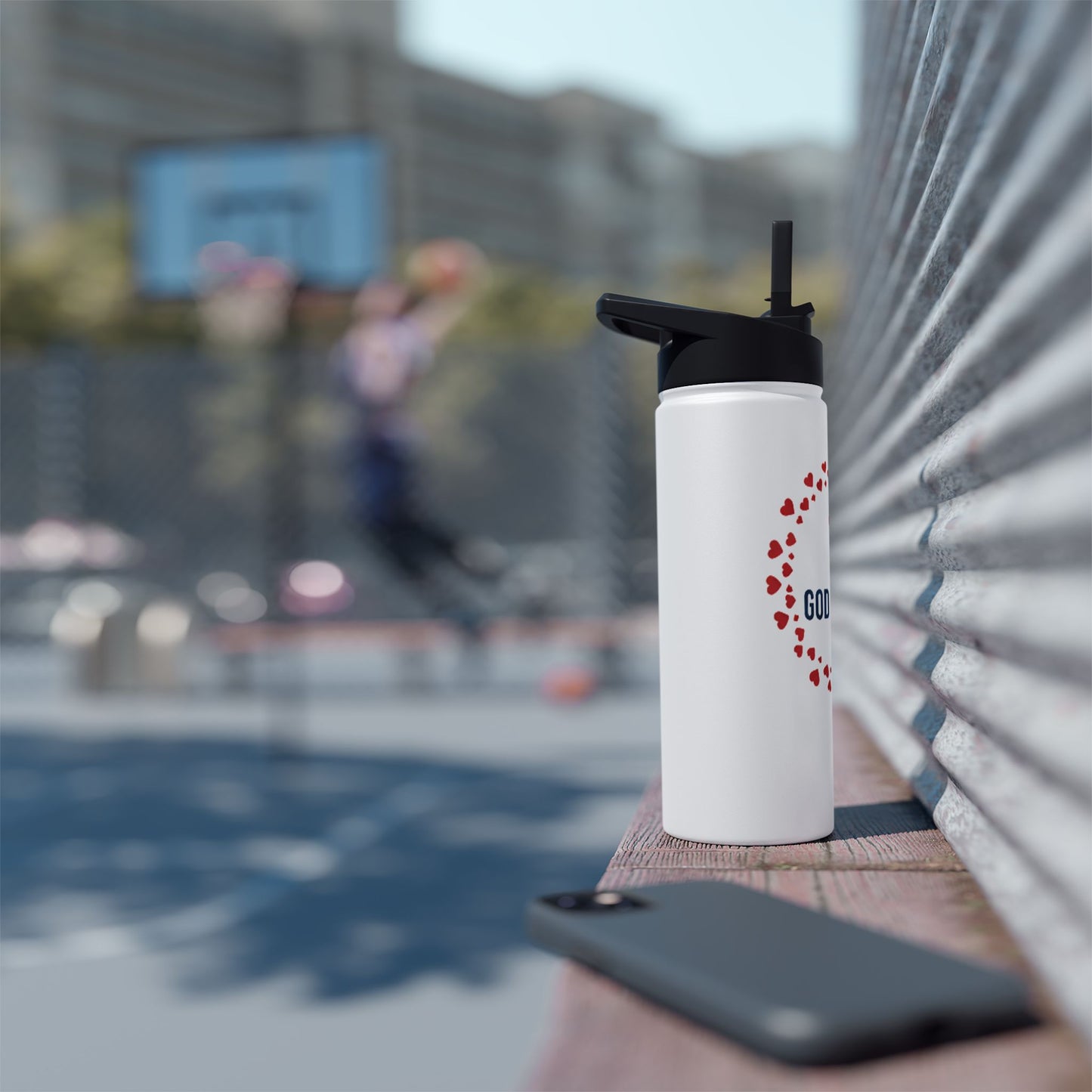 God Is Love Stainless Steel Water Bottle — Christian Cross Heart Design