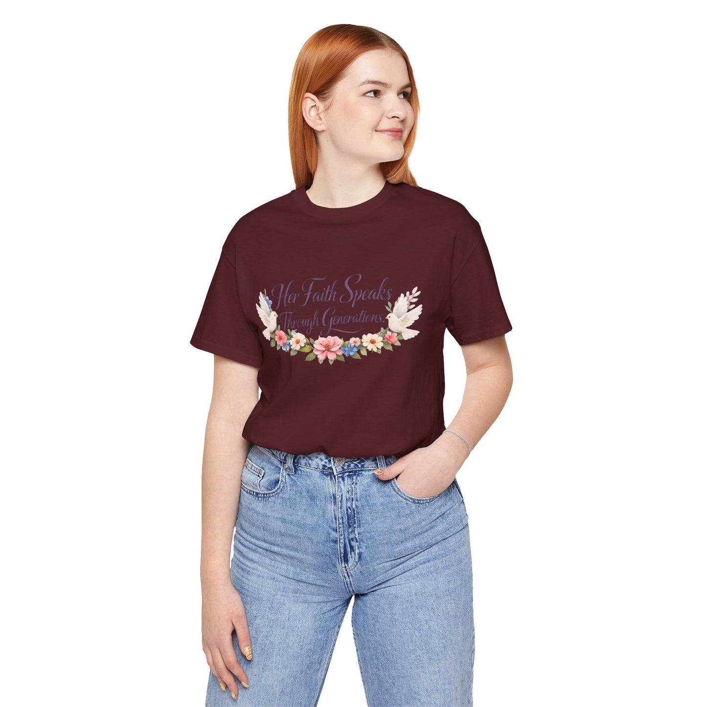 Her Faith Speaks Through Generations T-Shirt — Floral Inspirational Christian Tee