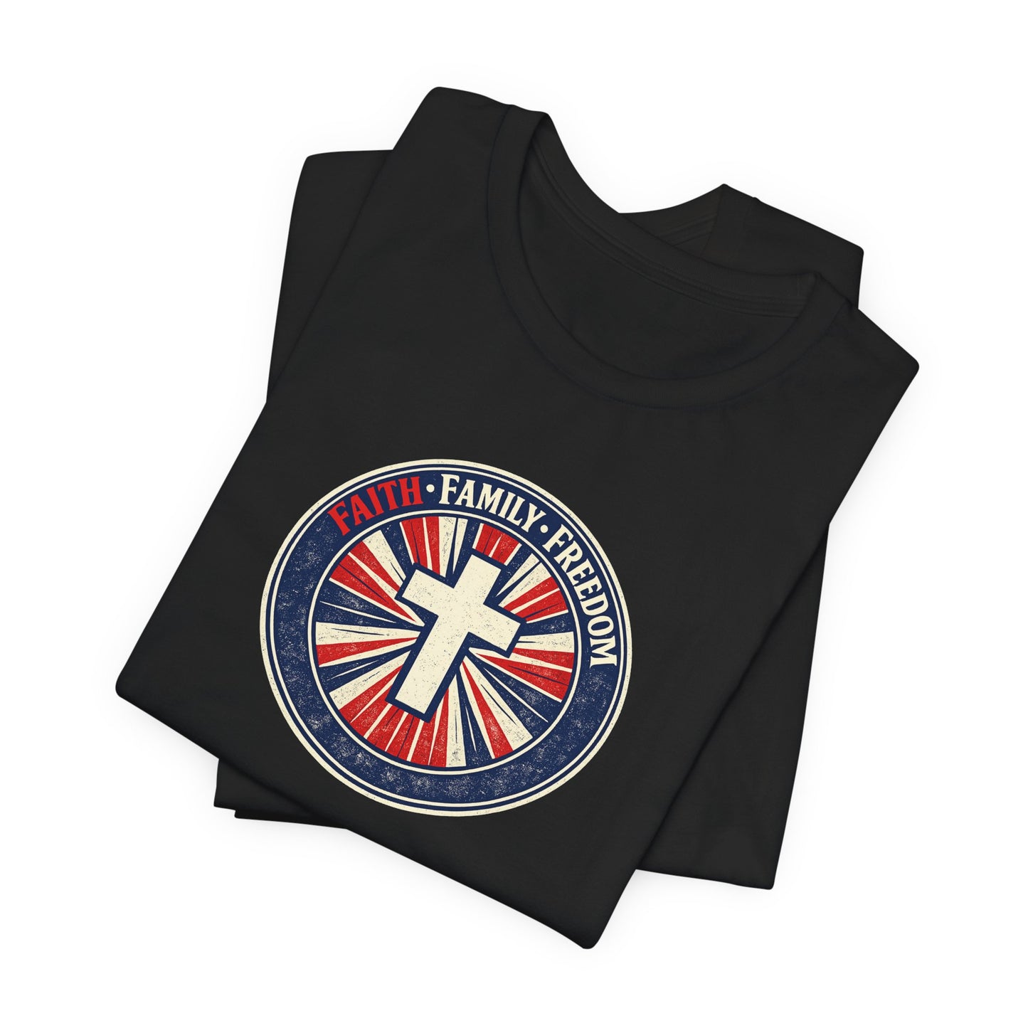 Faith Family Freedom T‑Shirt — Cross Emblem Patriotic Graphic Tee