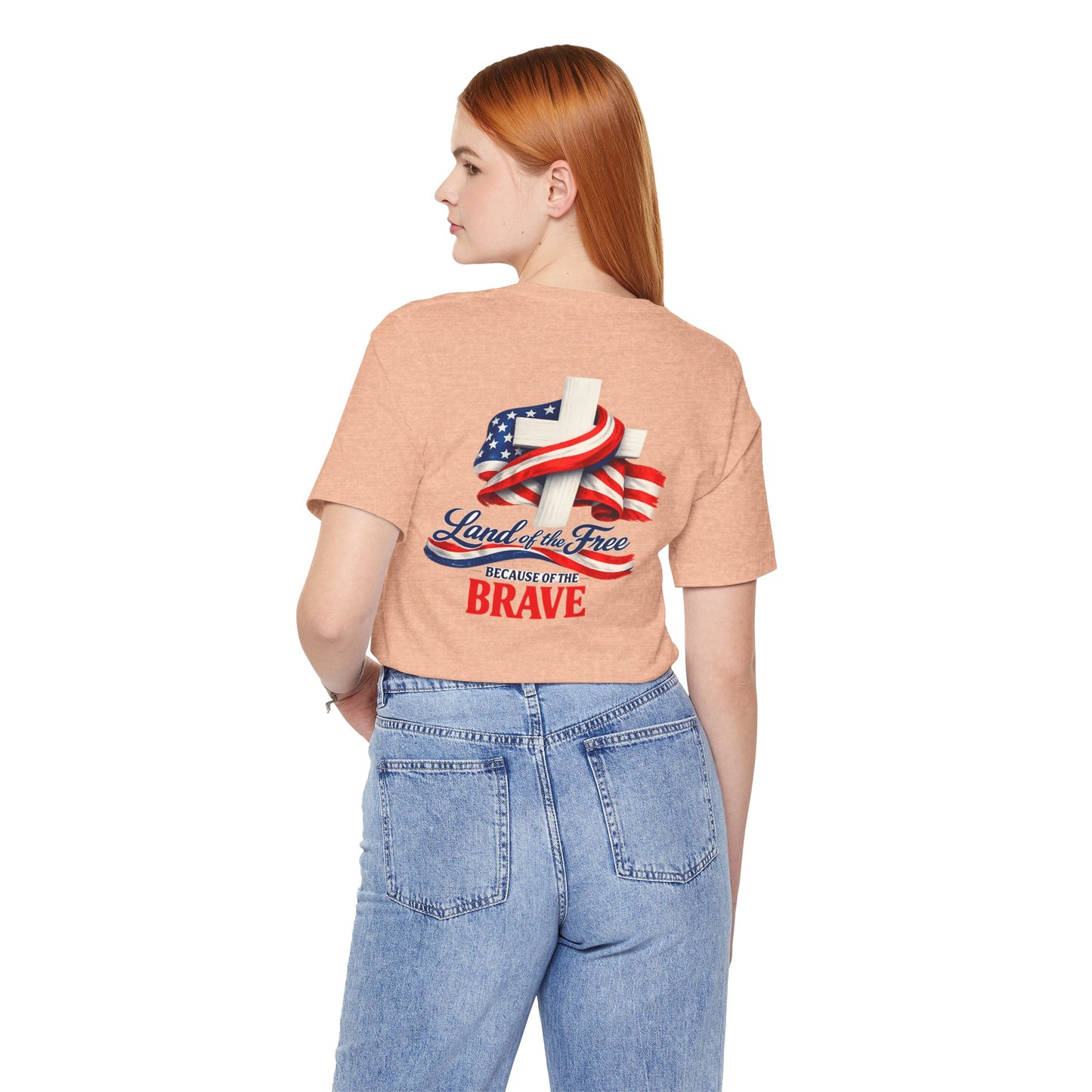 Land of the Free Because of the Brave Tee - Patriotic American Flag Cross T-Shirt