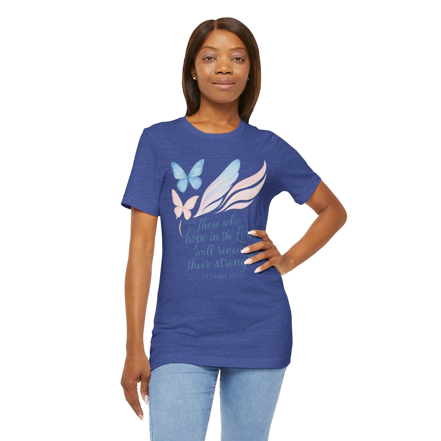 Inspirational Scripture T-Shirt – "Those Who Hope in the Lord" Isaiah 40:31, Pastel Butterflies