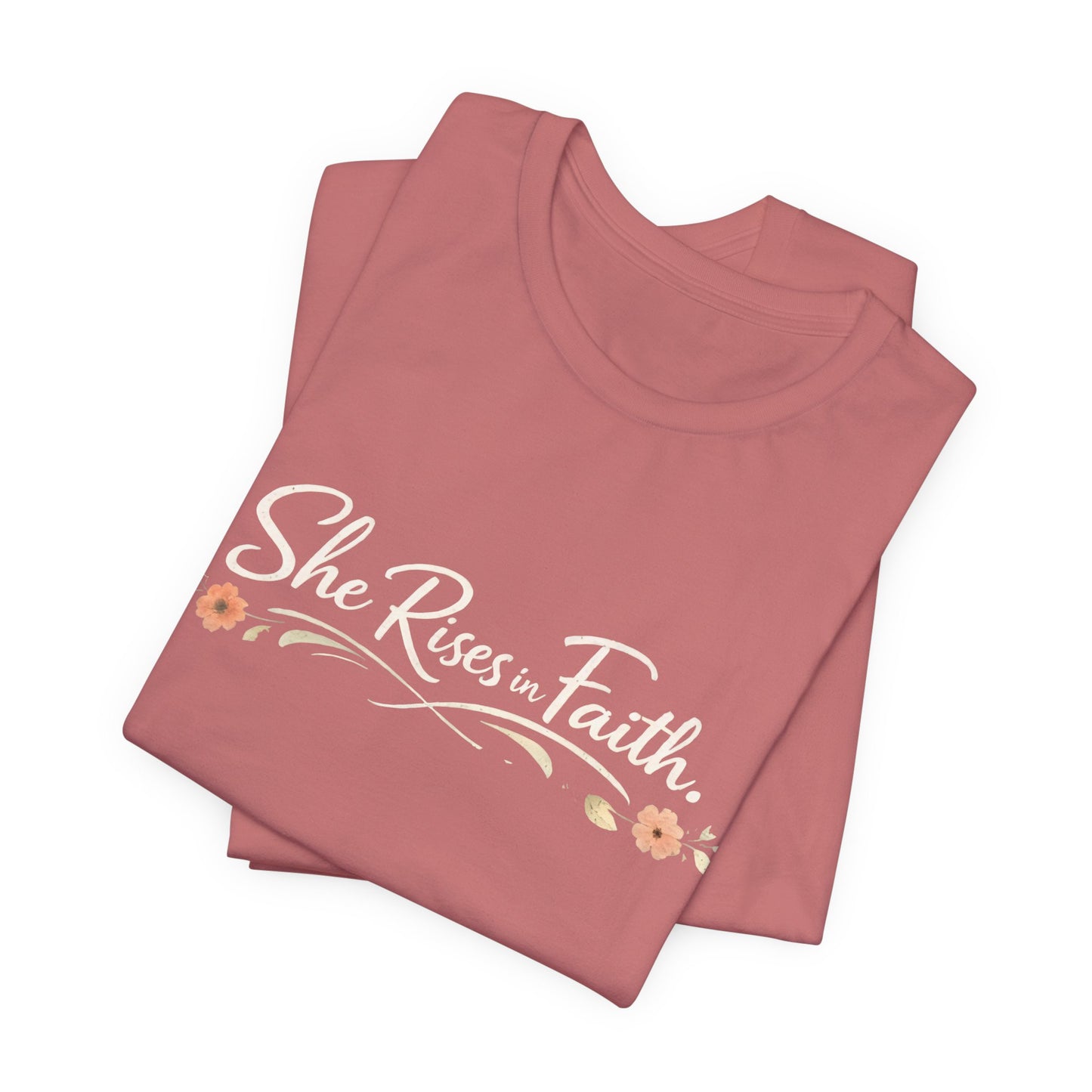 "She Rises In Faith" Chest Tee – Delicate Peach Blossom Graphic