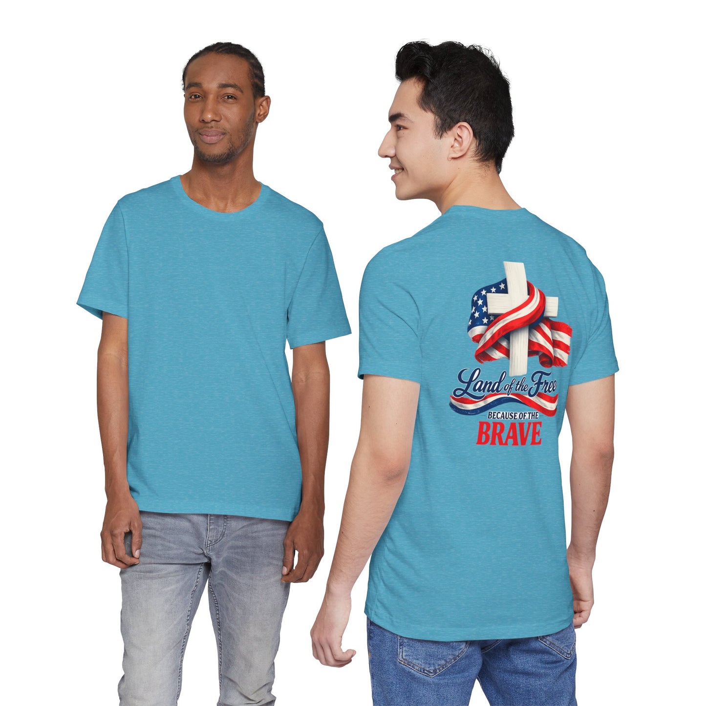 Land of the Free Because of the Brave Tee - Patriotic American Flag Cross T-Shirt