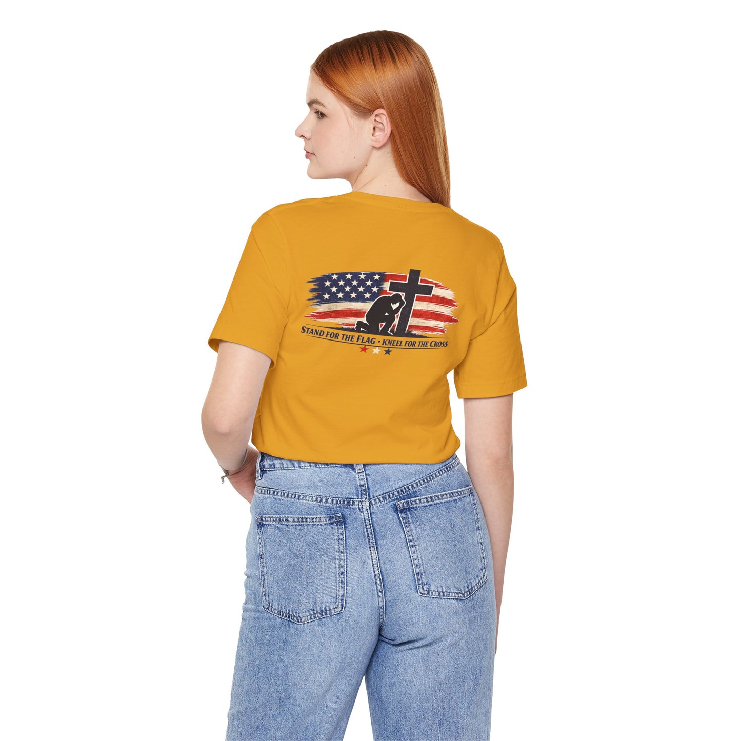 Patriotic Cross Tee – "Stand for the Flag, Kneel for the Cross" Short Sleeve T-Shirt