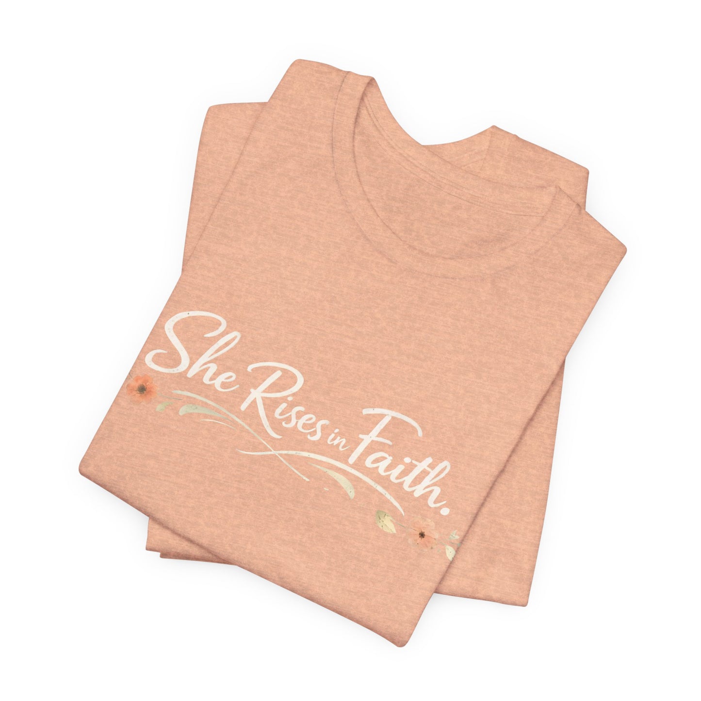 "She Rises In Faith" Chest Tee – Delicate Peach Blossom Graphic