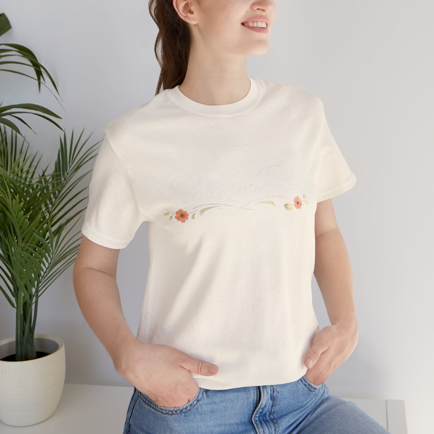 "She Rises In Faith" Chest Tee – Delicate Peach Blossom Graphic