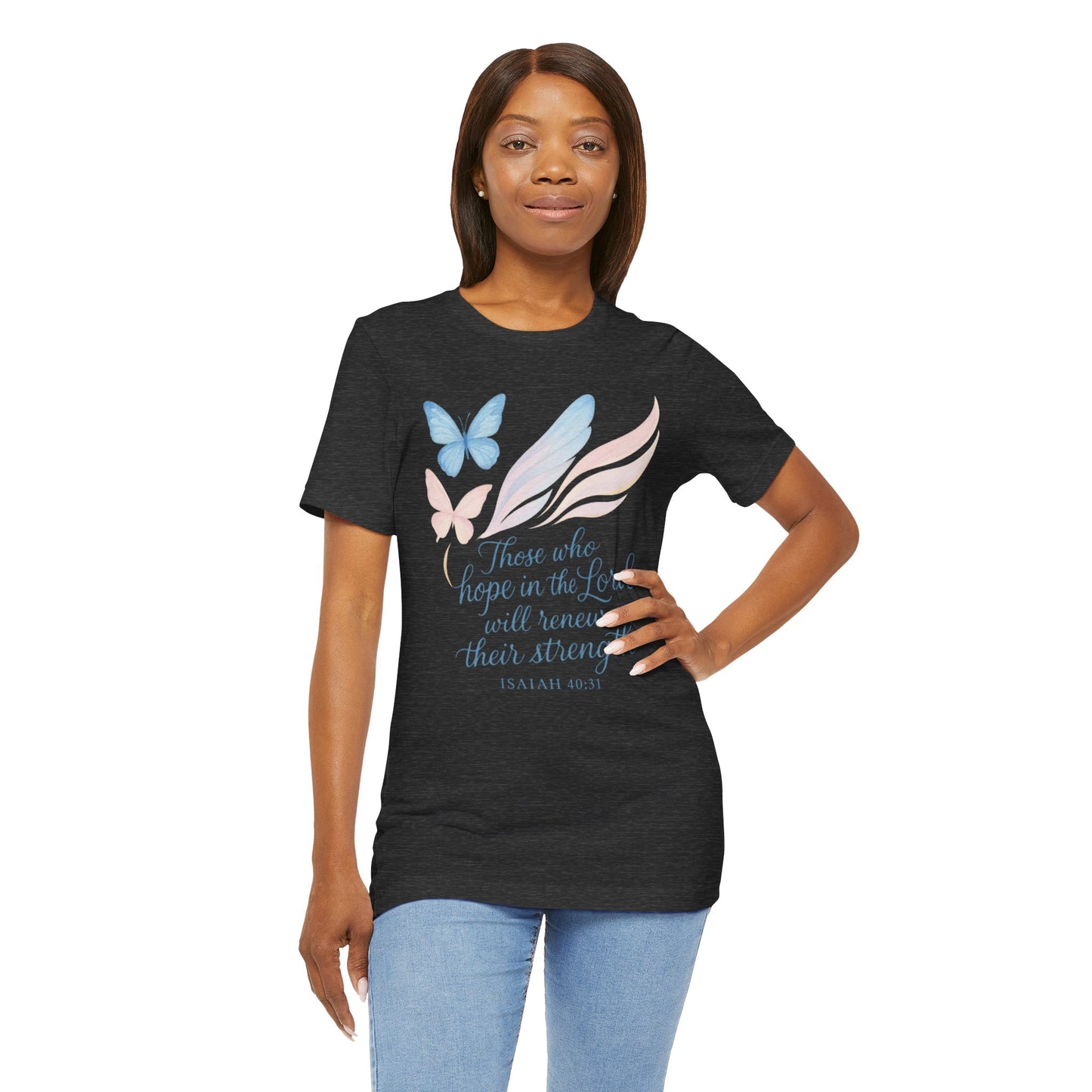 Inspirational Scripture T-Shirt – "Those Who Hope in the Lord" Isaiah 40:31, Pastel Butterflies
