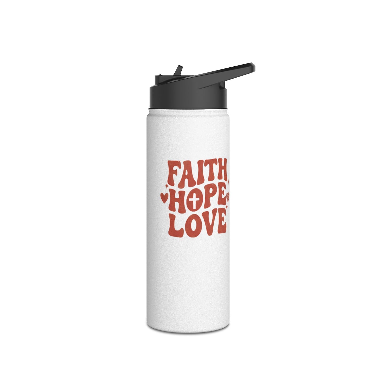 Faith Hope Love Stainless Steel Water Bottle — Retro Heart Typography
