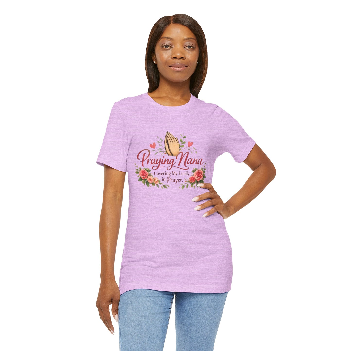 Praying Nana T-Shirt – Floral Praying Hands "Covering My Family in Prayer" Grandma Gift