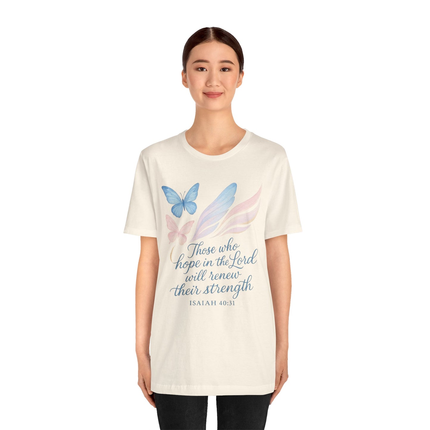 Inspirational Scripture T-Shirt – "Those Who Hope in the Lord" Isaiah 40:31, Pastel Butterflies