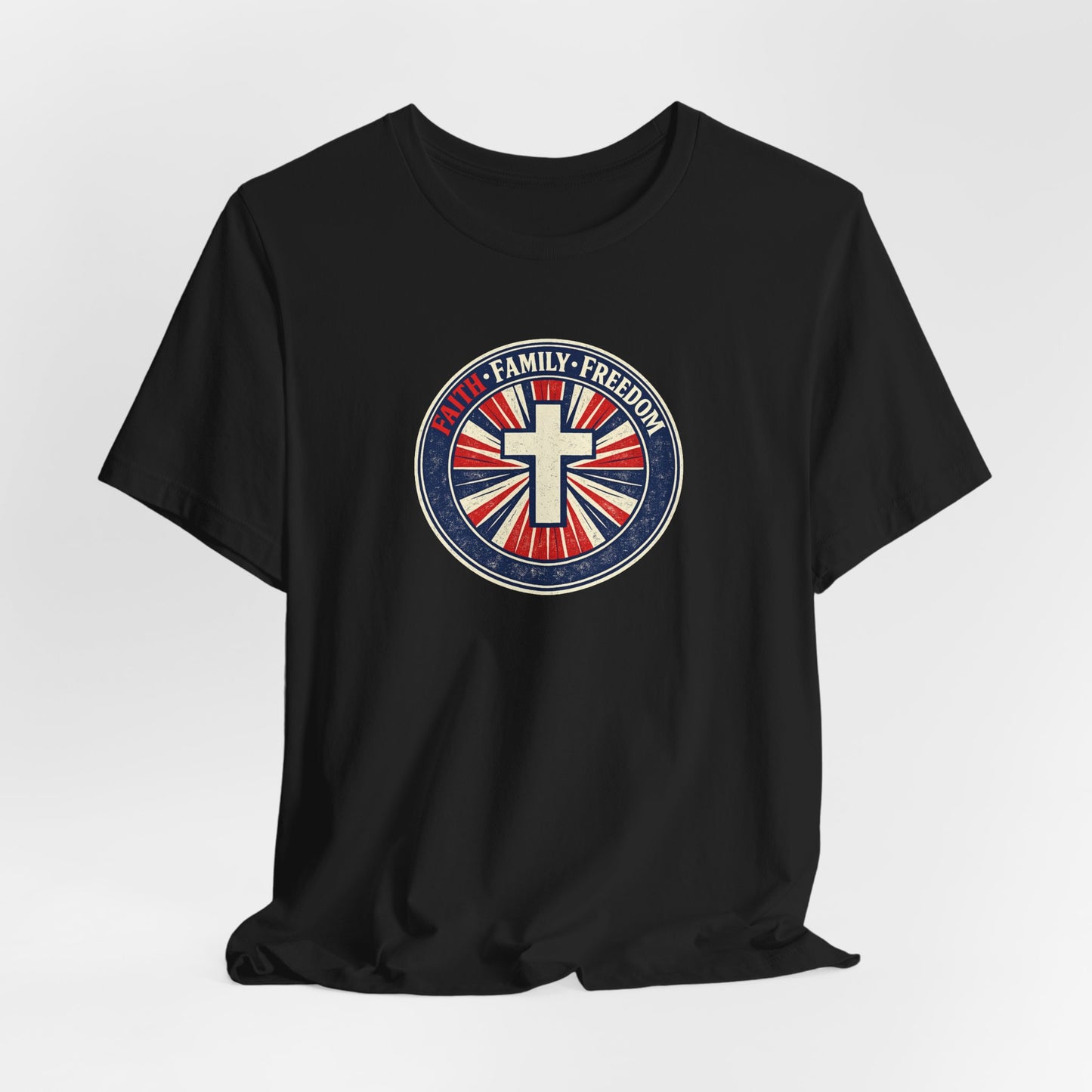 Faith Family Freedom T‑Shirt — Cross Emblem Patriotic Graphic Tee