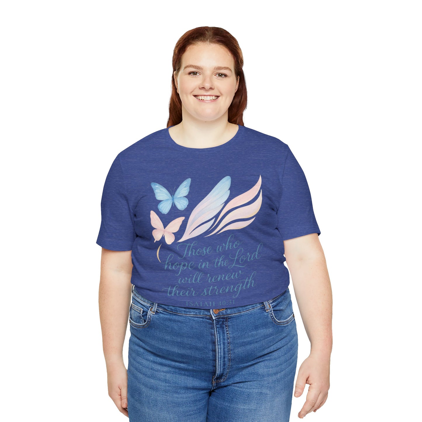 Inspirational Scripture T-Shirt – "Those Who Hope in the Lord" Isaiah 40:31, Pastel Butterflies