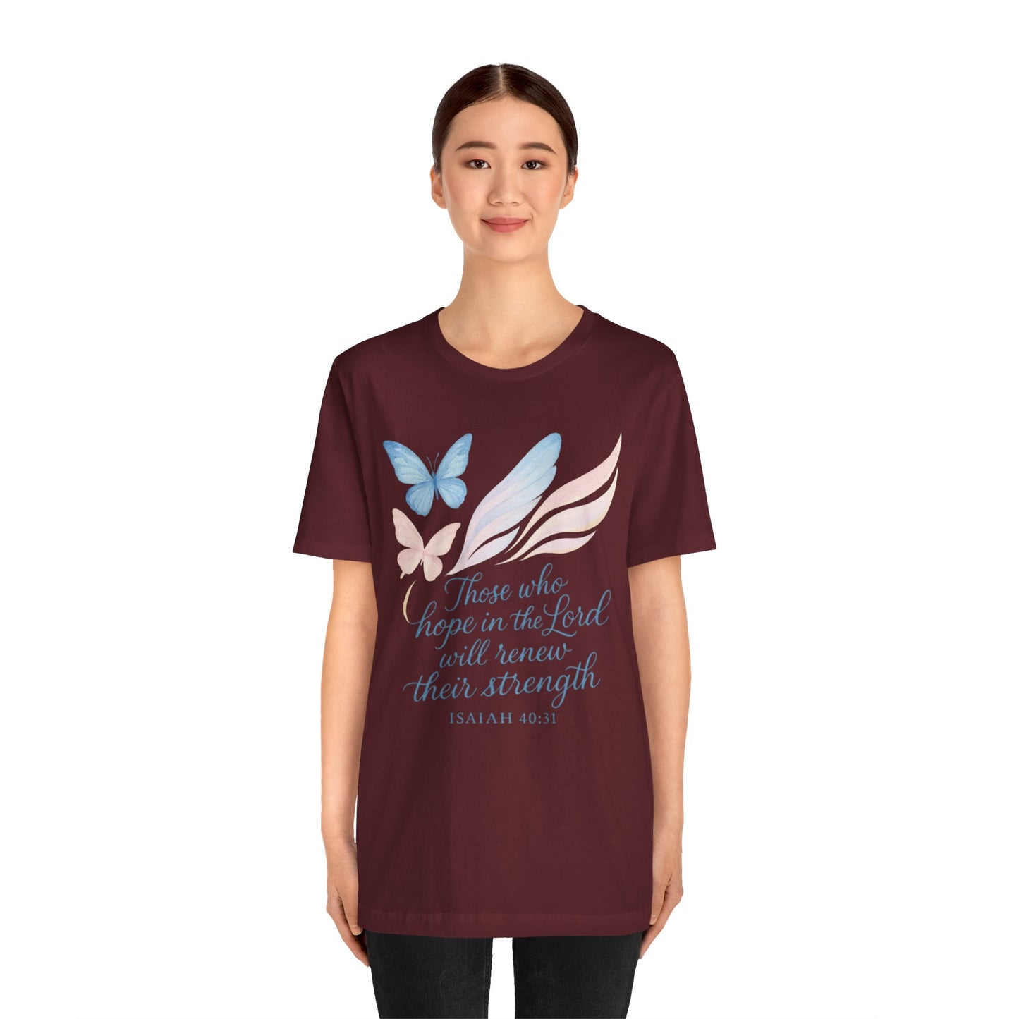 Inspirational Scripture T-Shirt – "Those Who Hope in the Lord" Isaiah 40:31, Pastel Butterflies