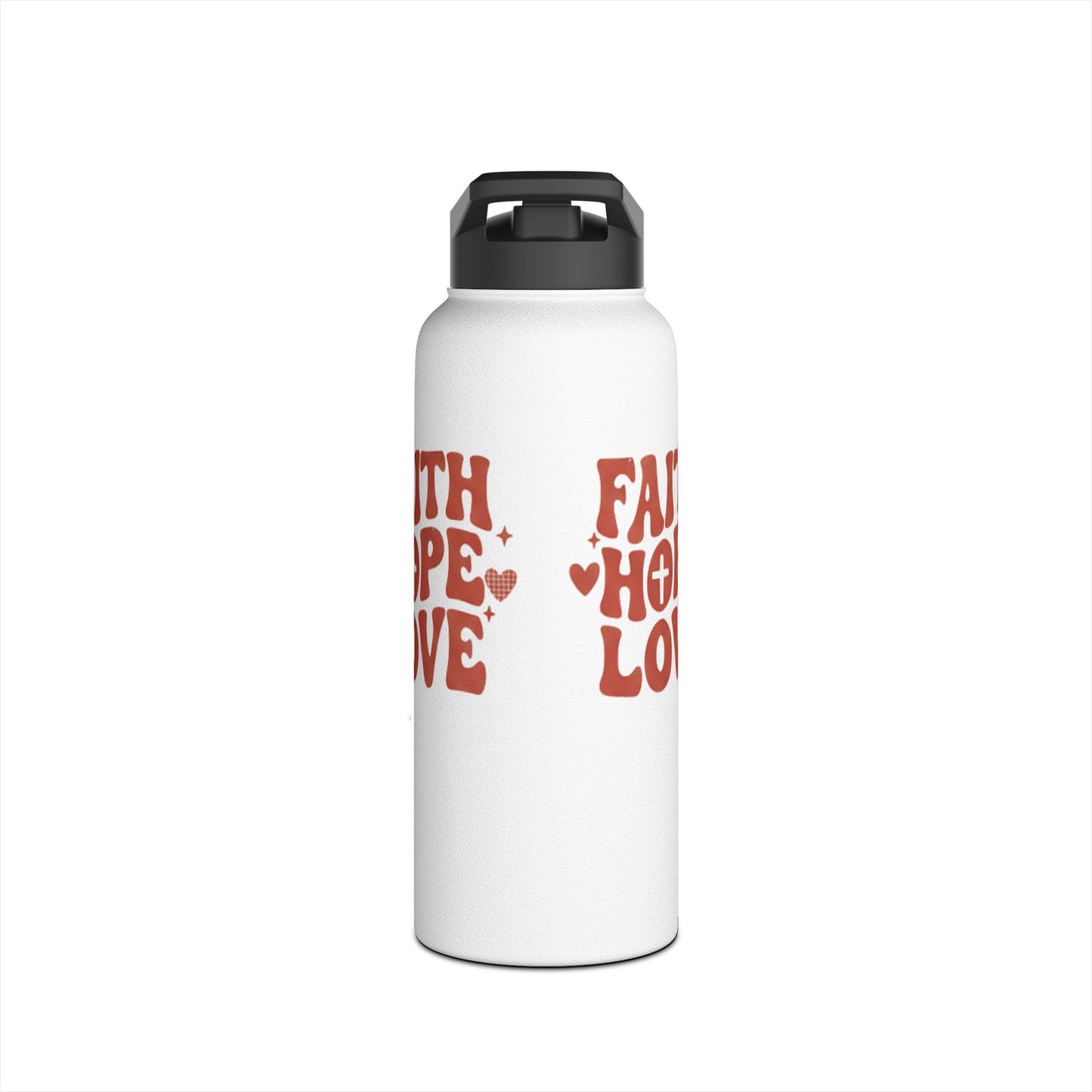 Faith Hope Love Stainless Steel Water Bottle — Retro Heart Typography