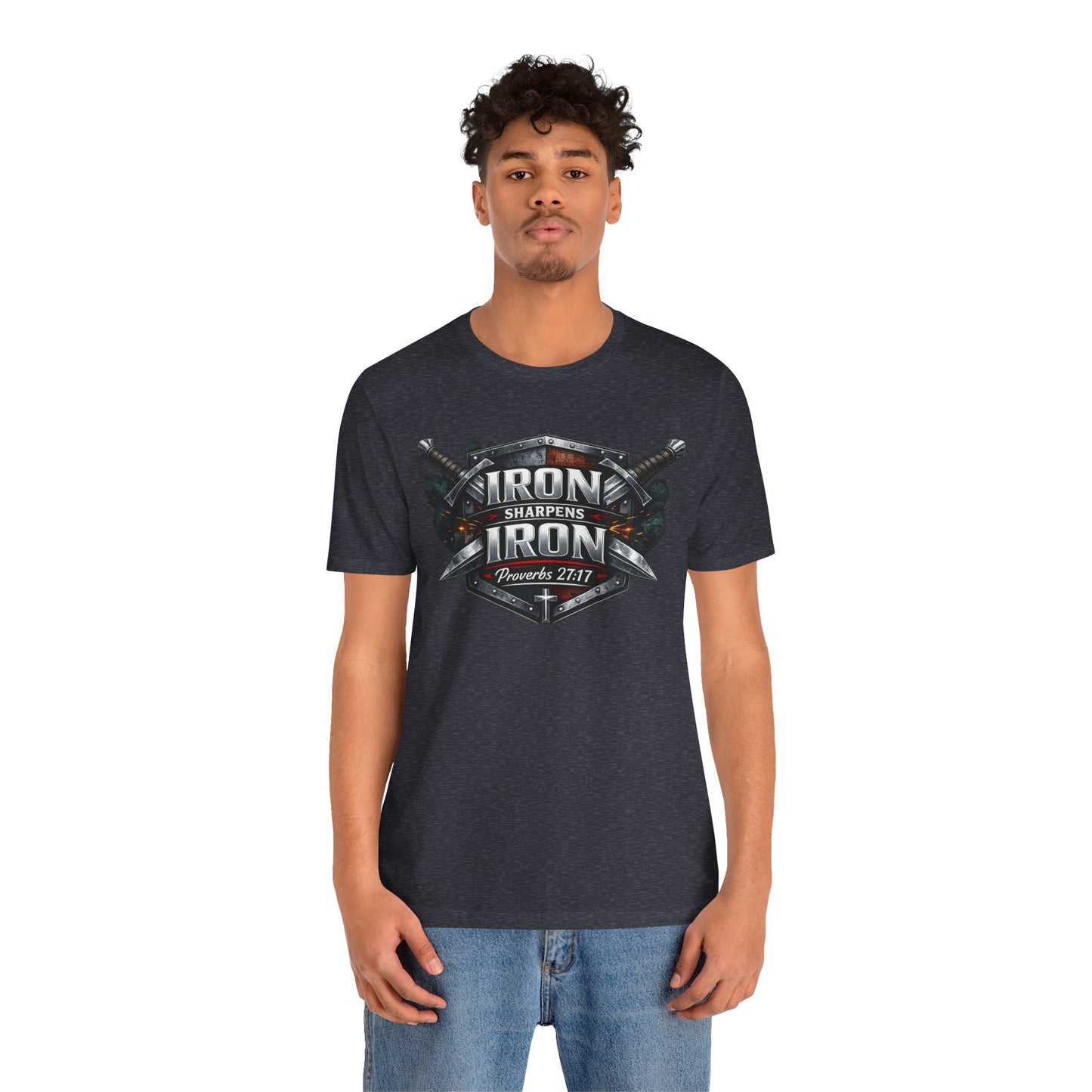 Iron Sharpens Iron T-Shirt — Faith-Based Proverbs 27:17 Graphic Tee