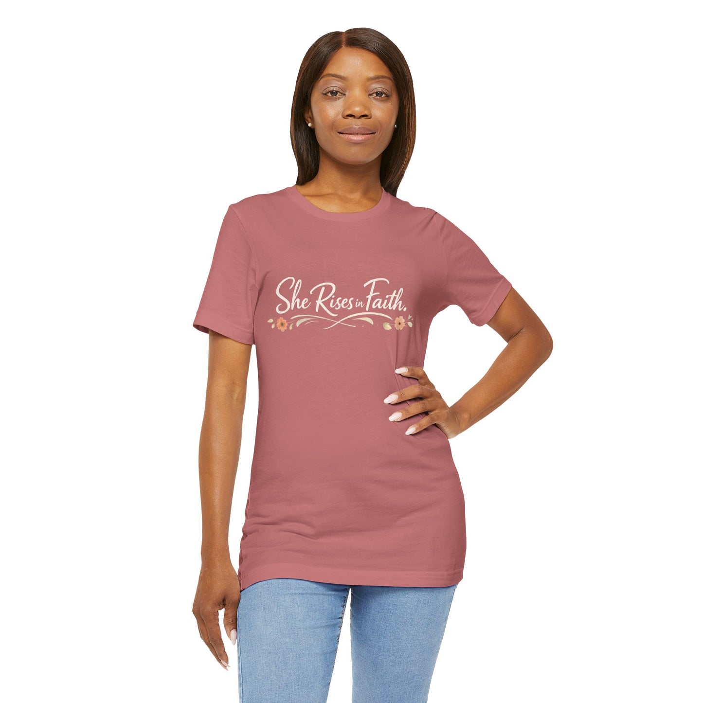 "She Rises In Faith" Chest Tee – Delicate Peach Blossom Graphic