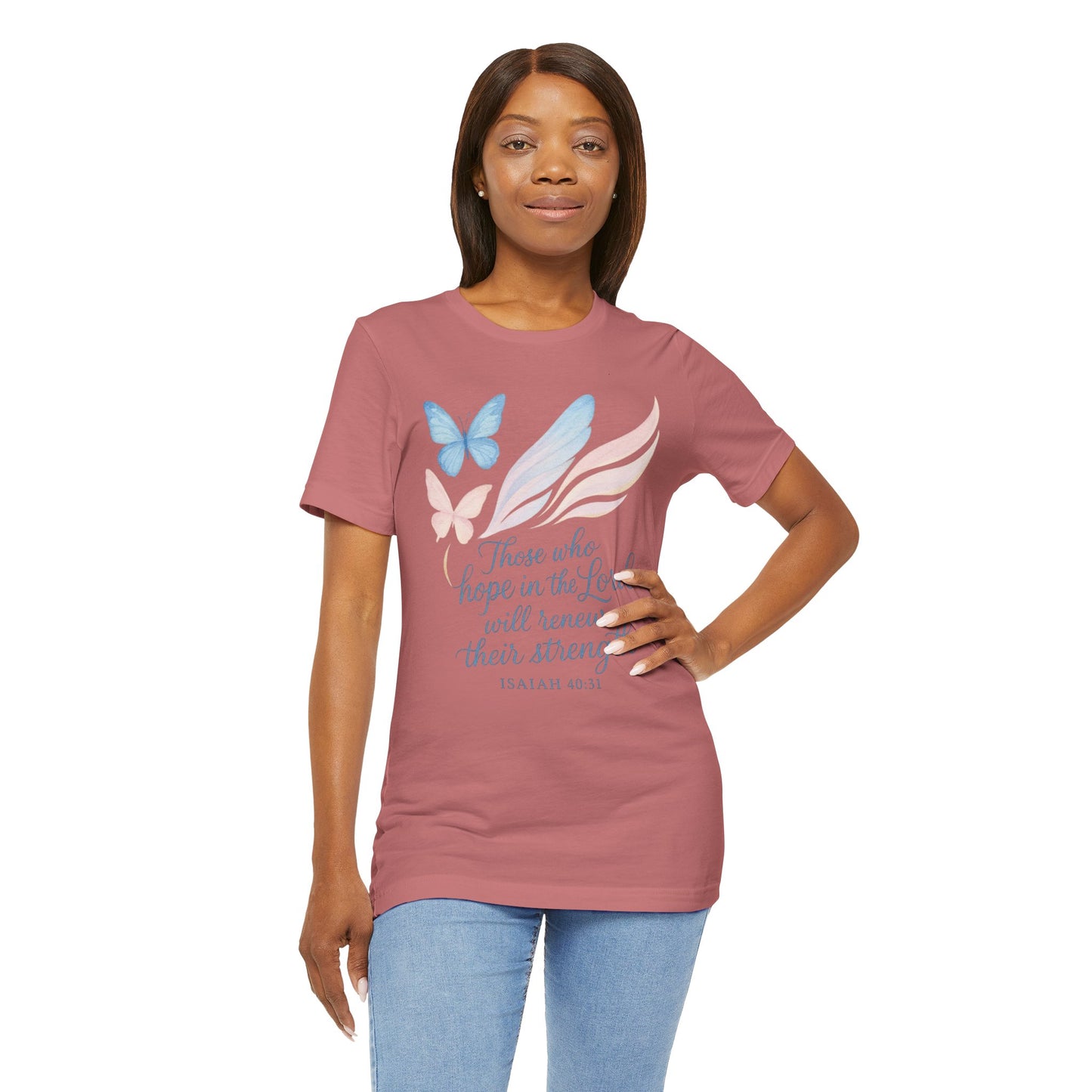 Inspirational Scripture T-Shirt – "Those Who Hope in the Lord" Isaiah 40:31, Pastel Butterflies
