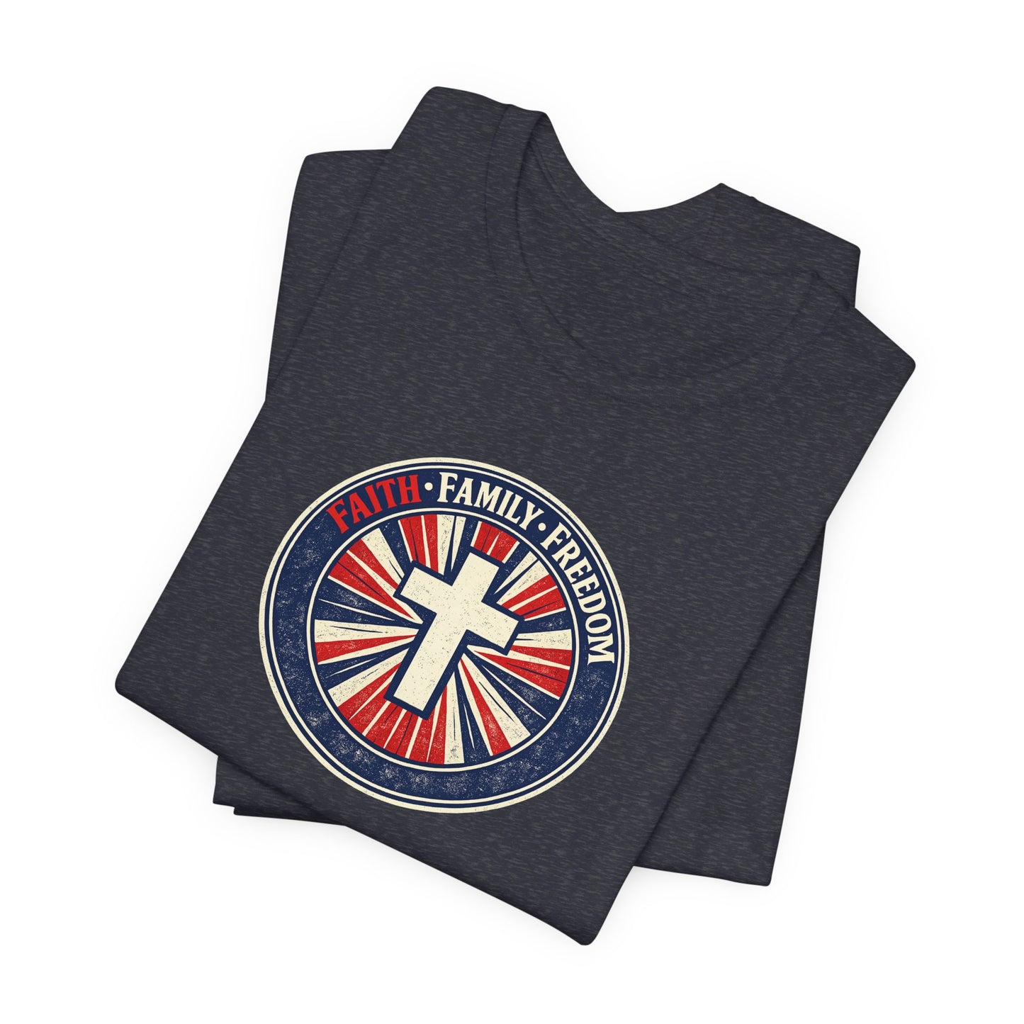 Faith Family Freedom T‑Shirt — Cross Emblem Patriotic Graphic Tee