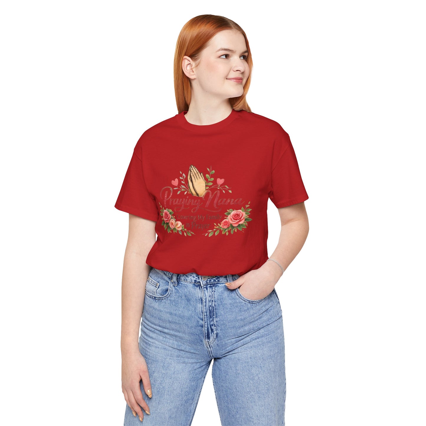 Praying Nana T-Shirt – Floral Praying Hands "Covering My Family in Prayer" Grandma Gift