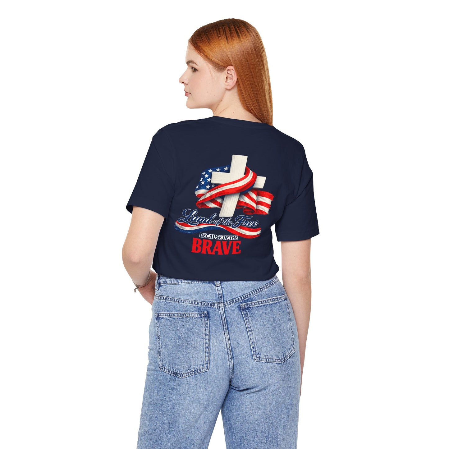 Land of the Free Because of the Brave Tee - Patriotic American Flag Cross T-Shirt