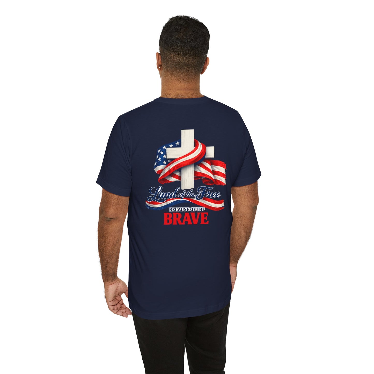 Land of the Free Because of the Brave Tee - Patriotic American Flag Cross T-Shirt