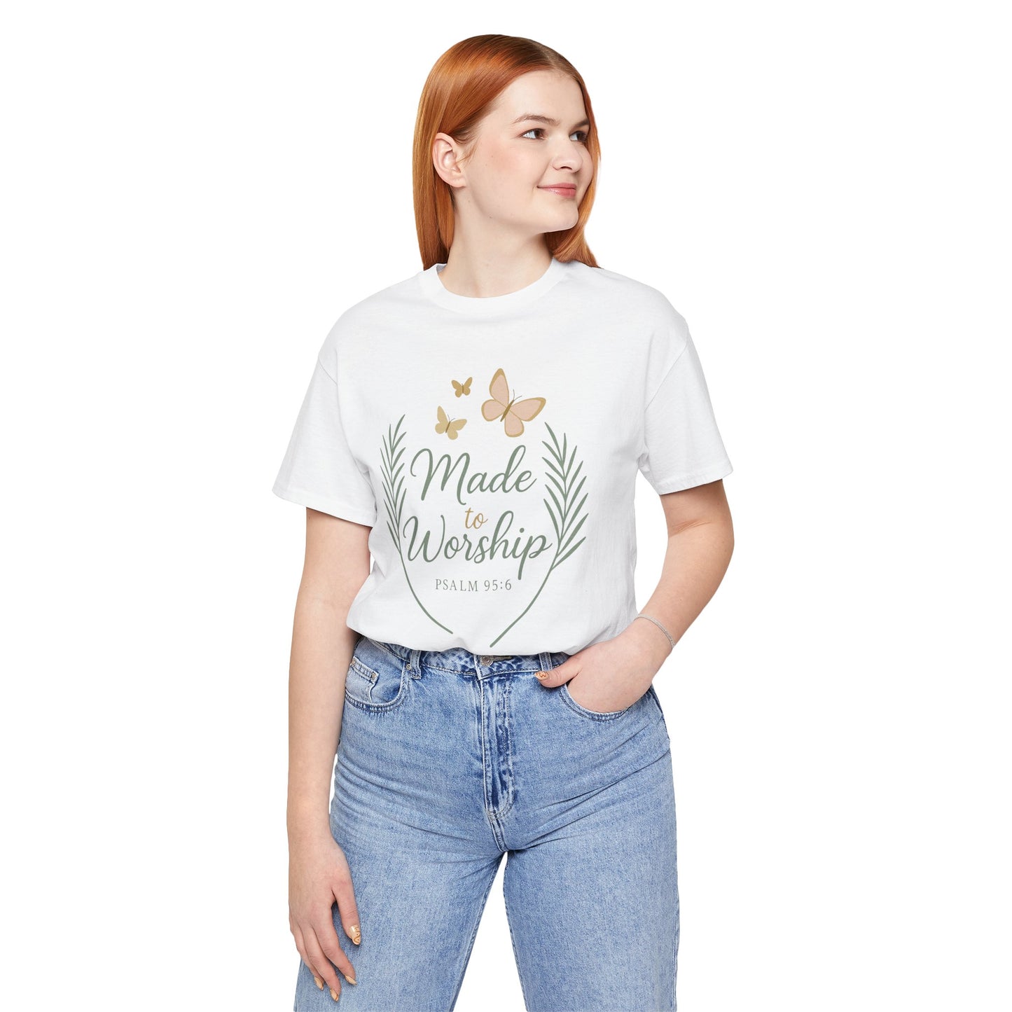 Made to Worship T-Shirt – Psalm 95:6 Christian Faith Tee with Butterflies
