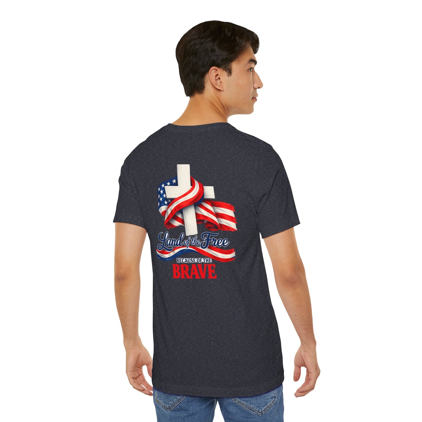 Land of the Free Because of the Brave Tee - Patriotic American Flag Cross T-Shirt