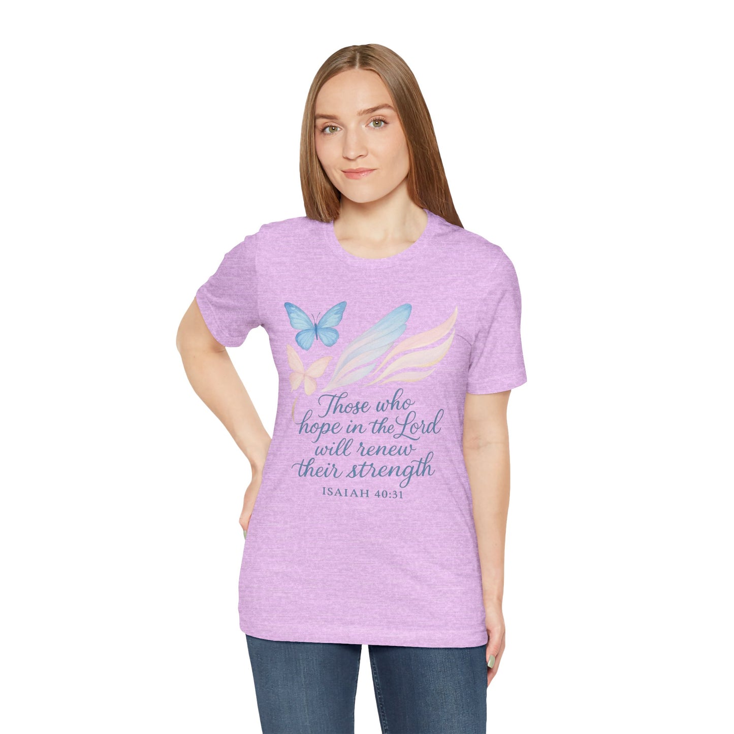 Inspirational Scripture T-Shirt – "Those Who Hope in the Lord" Isaiah 40:31, Pastel Butterflies