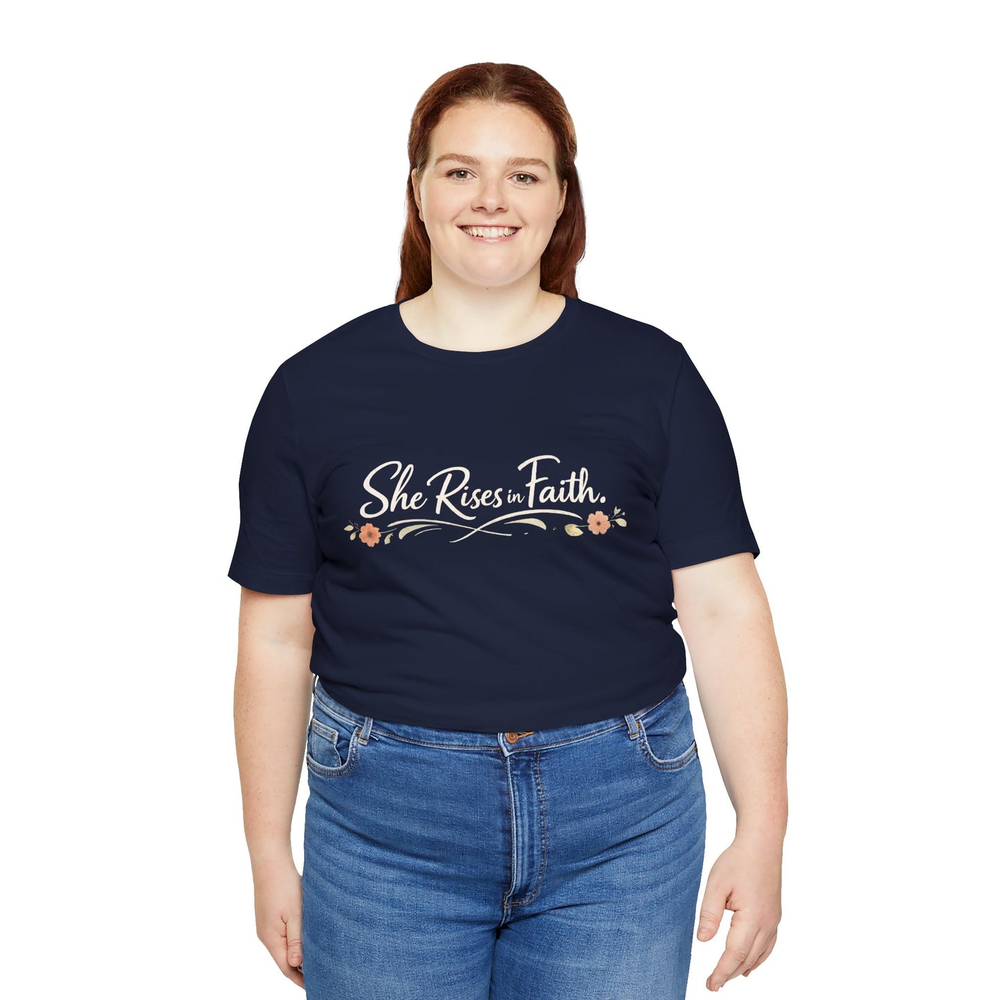"She Rises In Faith" Chest Tee – Delicate Peach Blossom Graphic