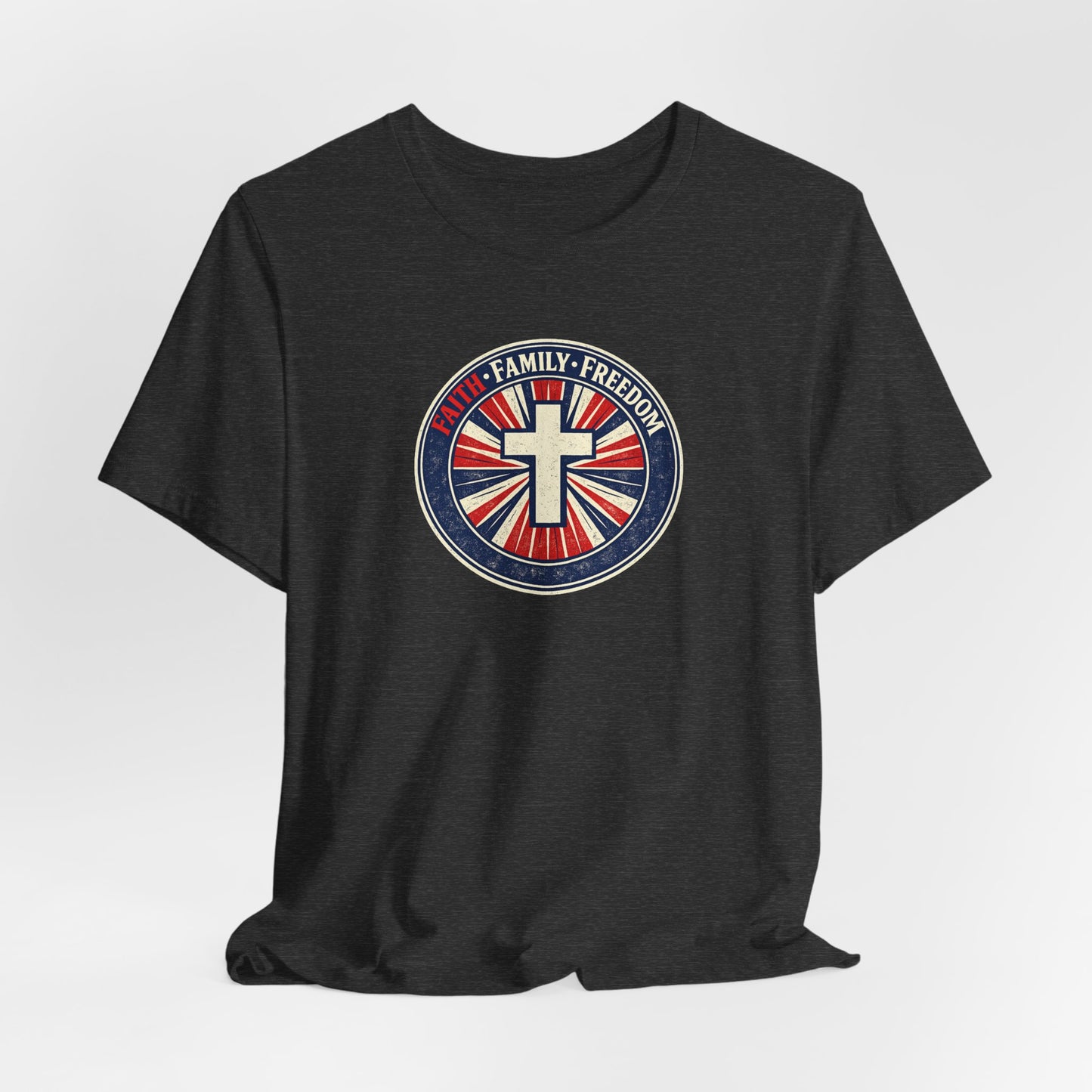 Faith Family Freedom T‑Shirt — Cross Emblem Patriotic Graphic Tee