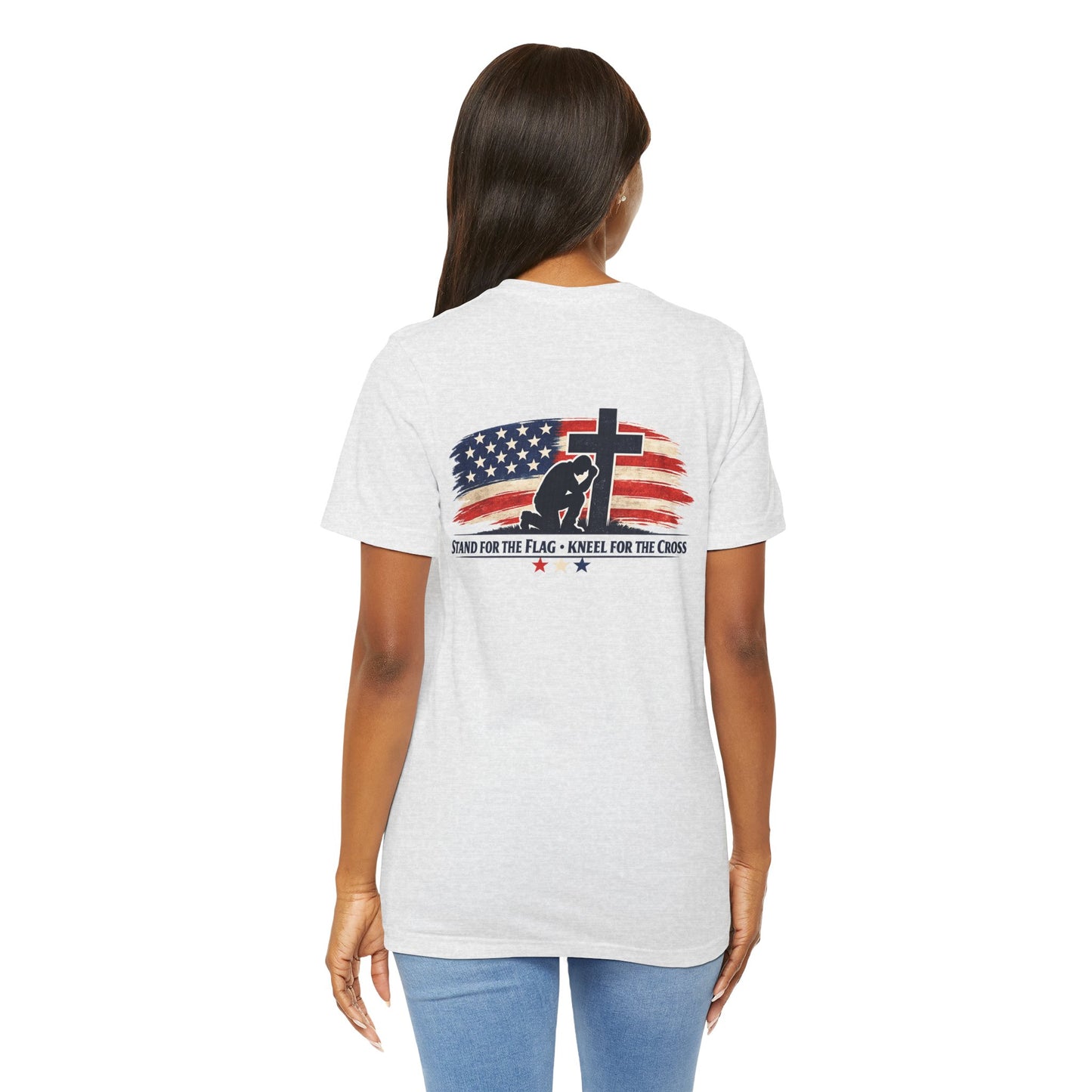 Patriotic Cross Tee – "Stand for the Flag, Kneel for the Cross" Short Sleeve T-Shirt